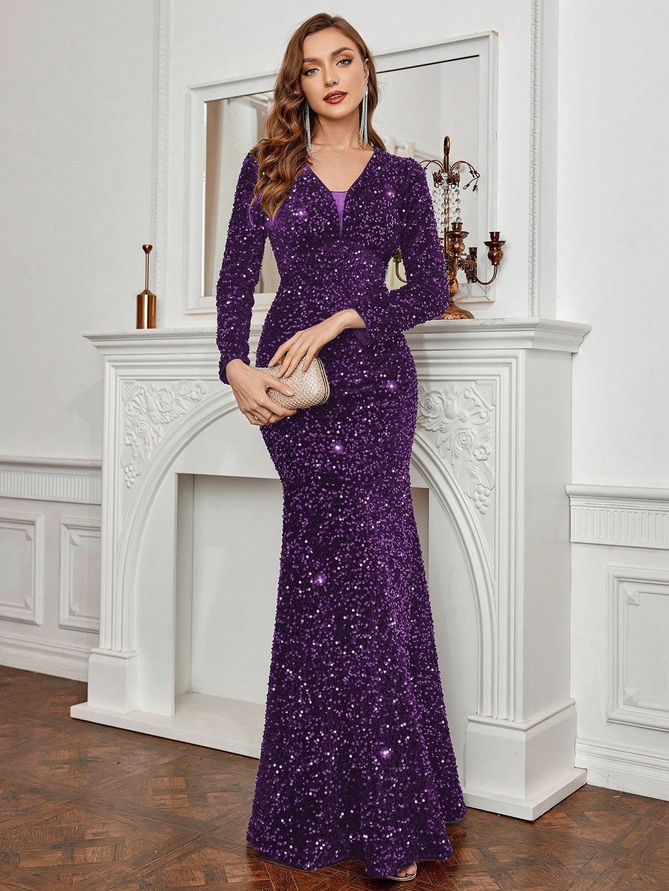 Mesh Insert Sequin Formal Dress