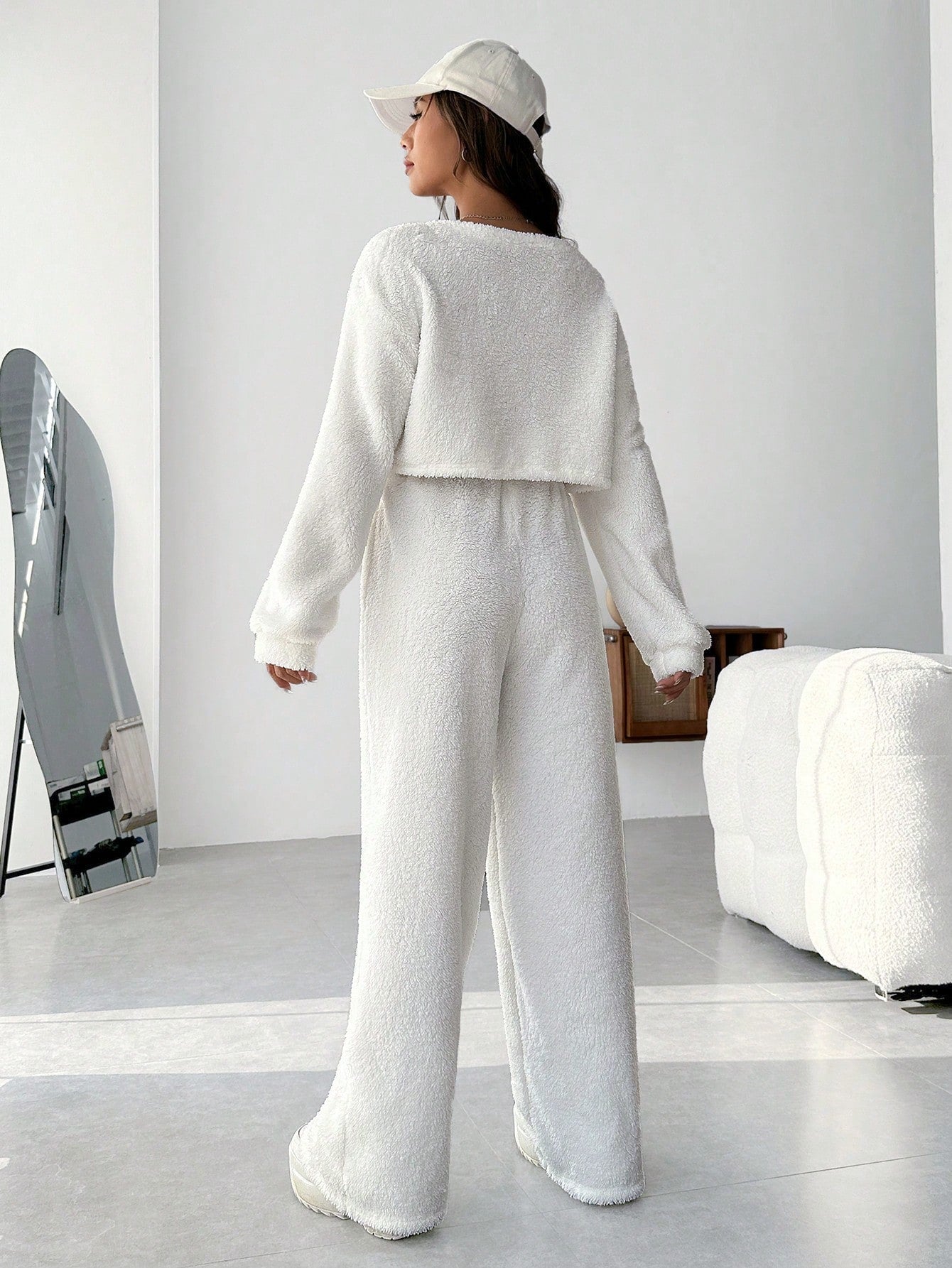 EZwear Plush V-neck Oversized Top And Pants Set