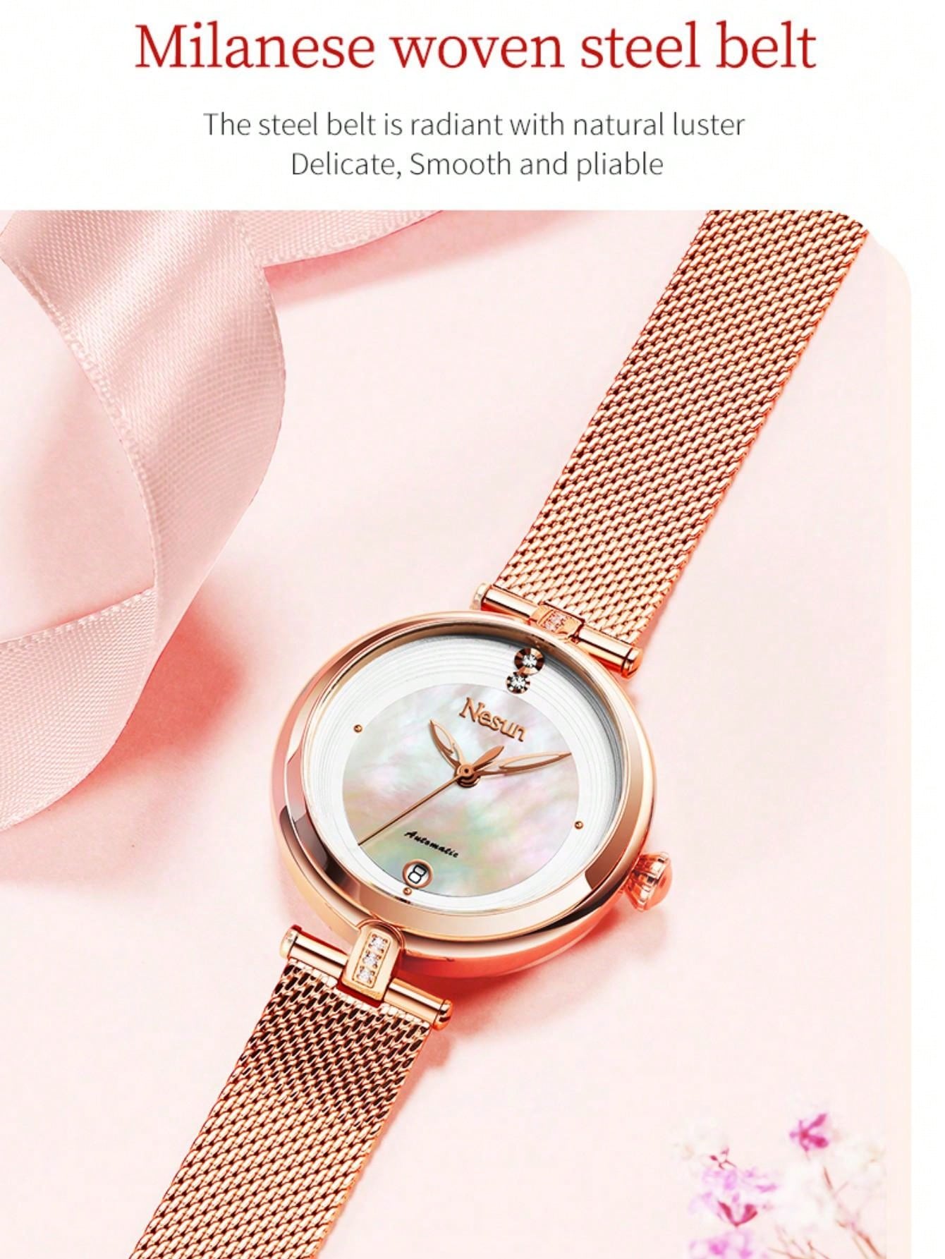 Nesun Women's Mechanical Watch With Rose Gold Mesh Strap, Night Light And Date Display, Simple And Fashionable Fit For Daily Wear