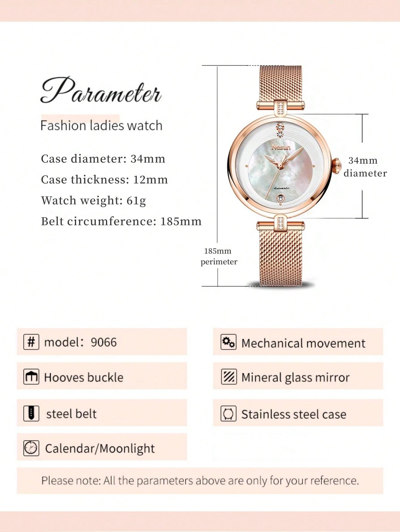 Nesun Women's Mechanical Watch With Rose Gold Mesh Strap, Night Light And Date Display, Simple And Fashionable Fit For Daily Wear