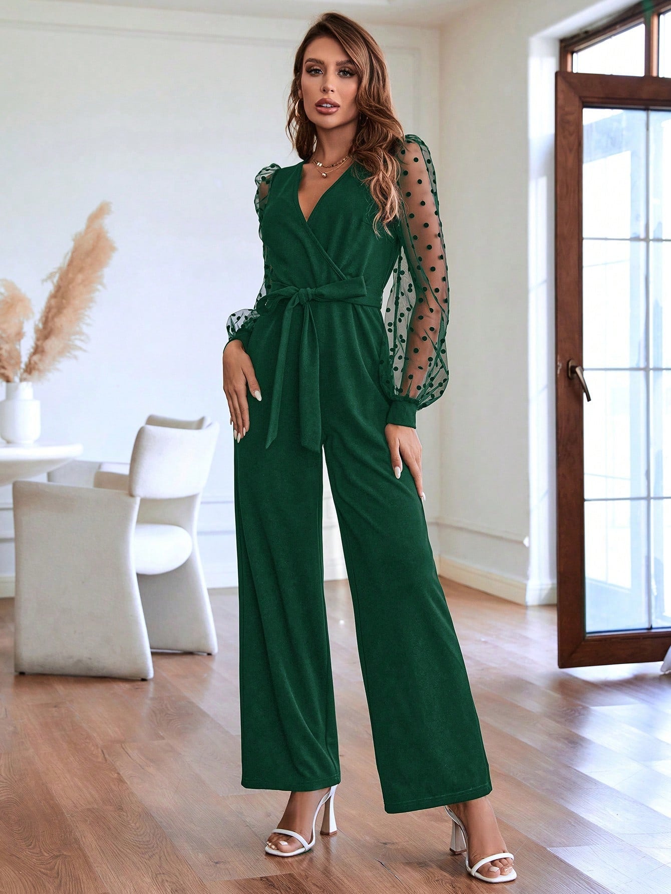 Clasi Contrast Dobby Mesh Lantern Sleeve Belted Jumpsuit