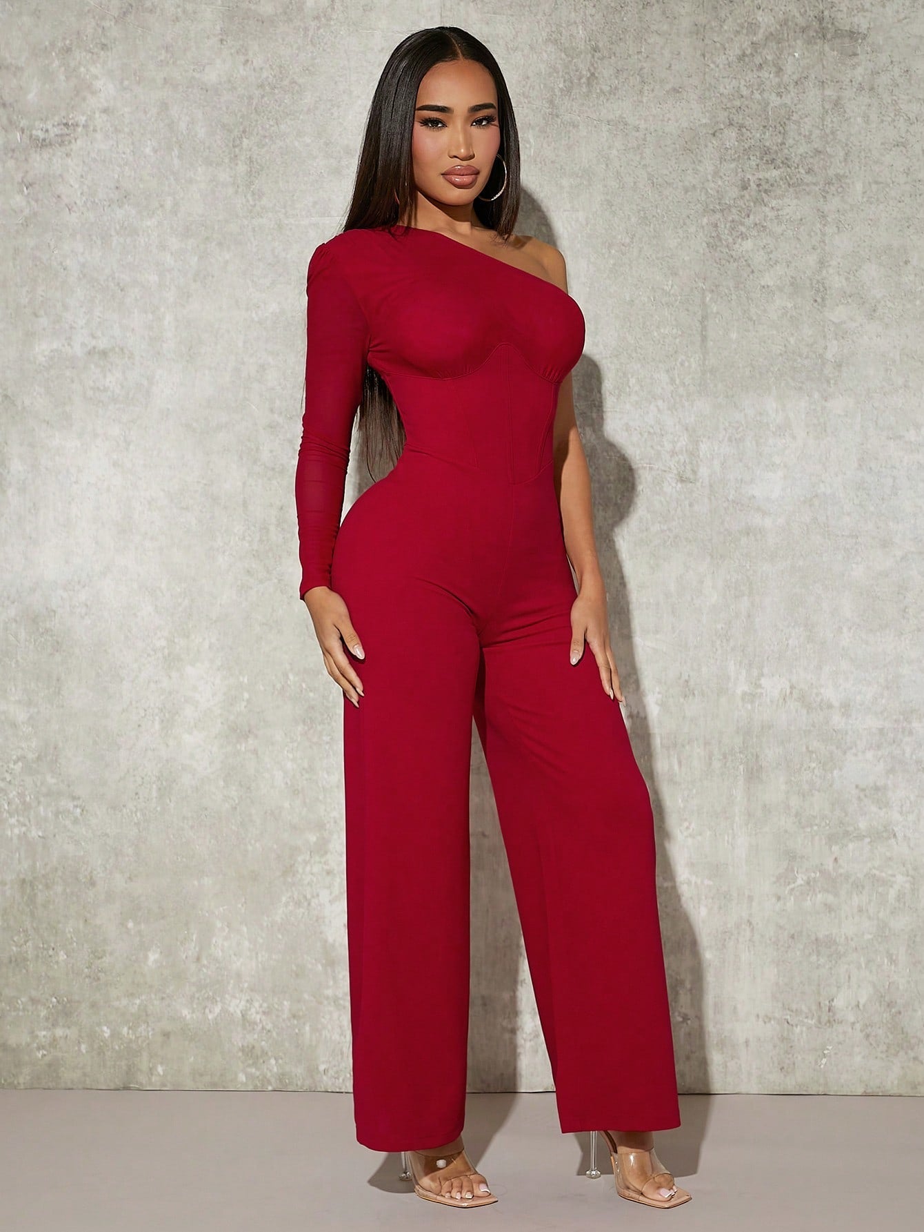 SXY One Shoulder Contrast Mesh Puff Sleeve Jumpsuit