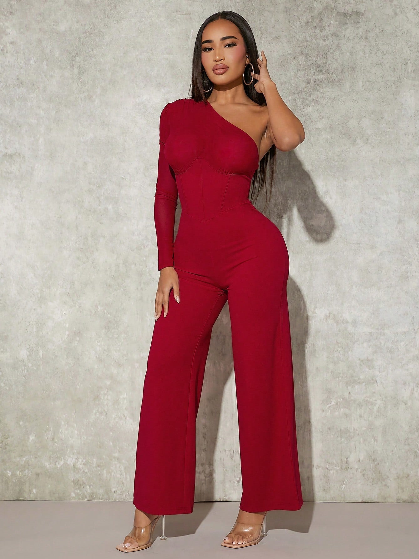 SXY One Shoulder Contrast Mesh Puff Sleeve Jumpsuit