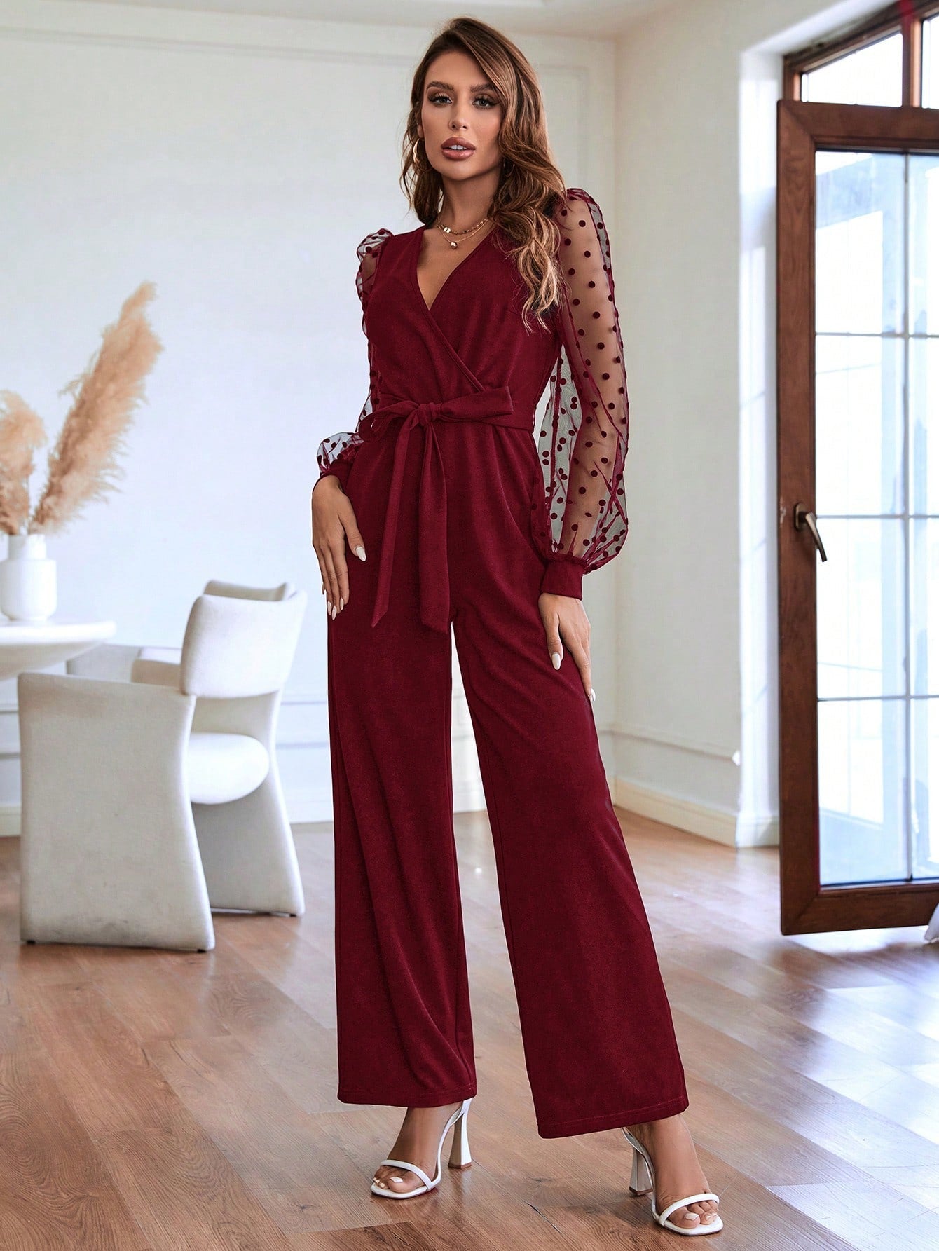 Clasi Contrast Dobby Mesh Lantern Sleeve Belted Jumpsuit