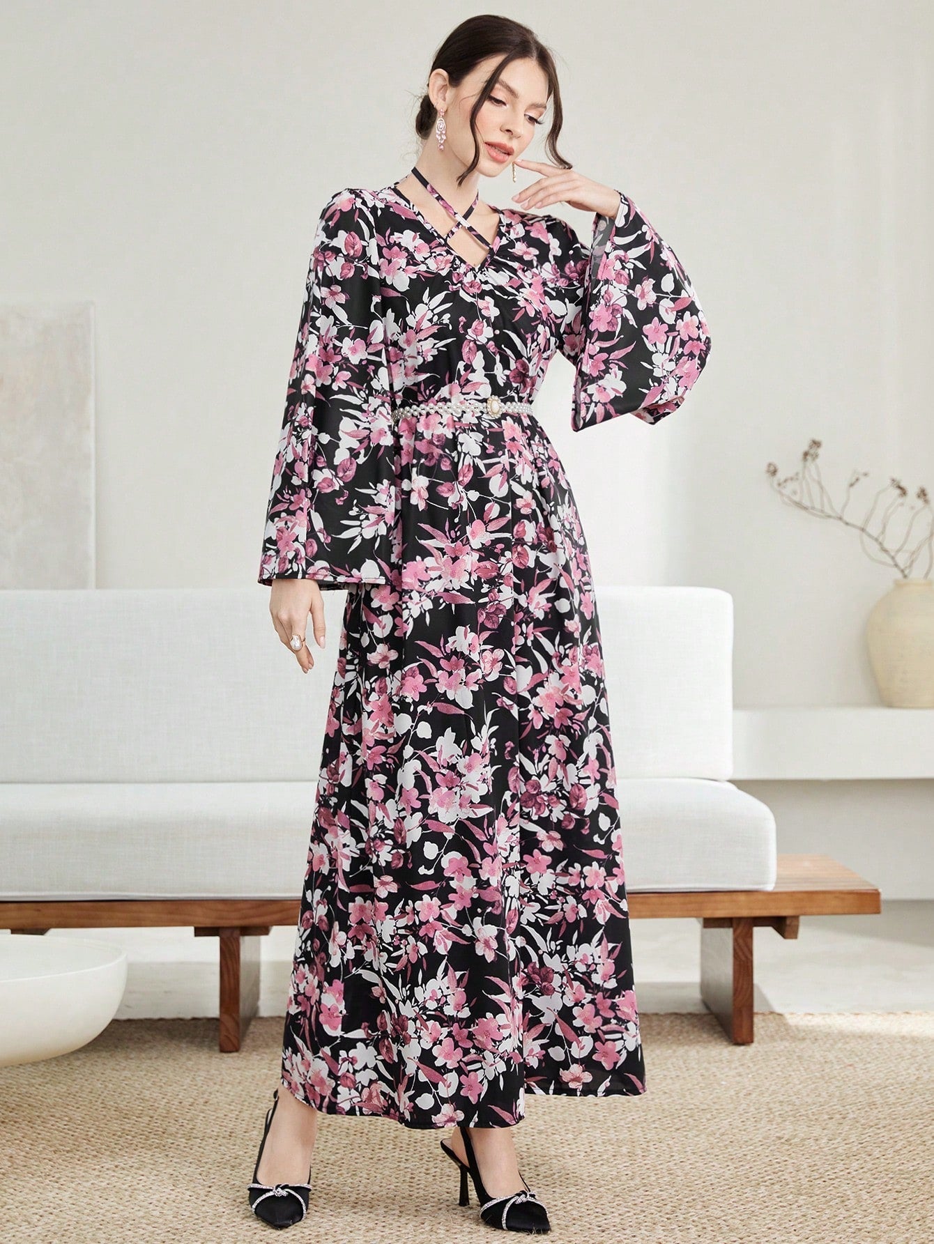 Najma Floral Print Crisscross Front Flounce Sleeve Kaftan