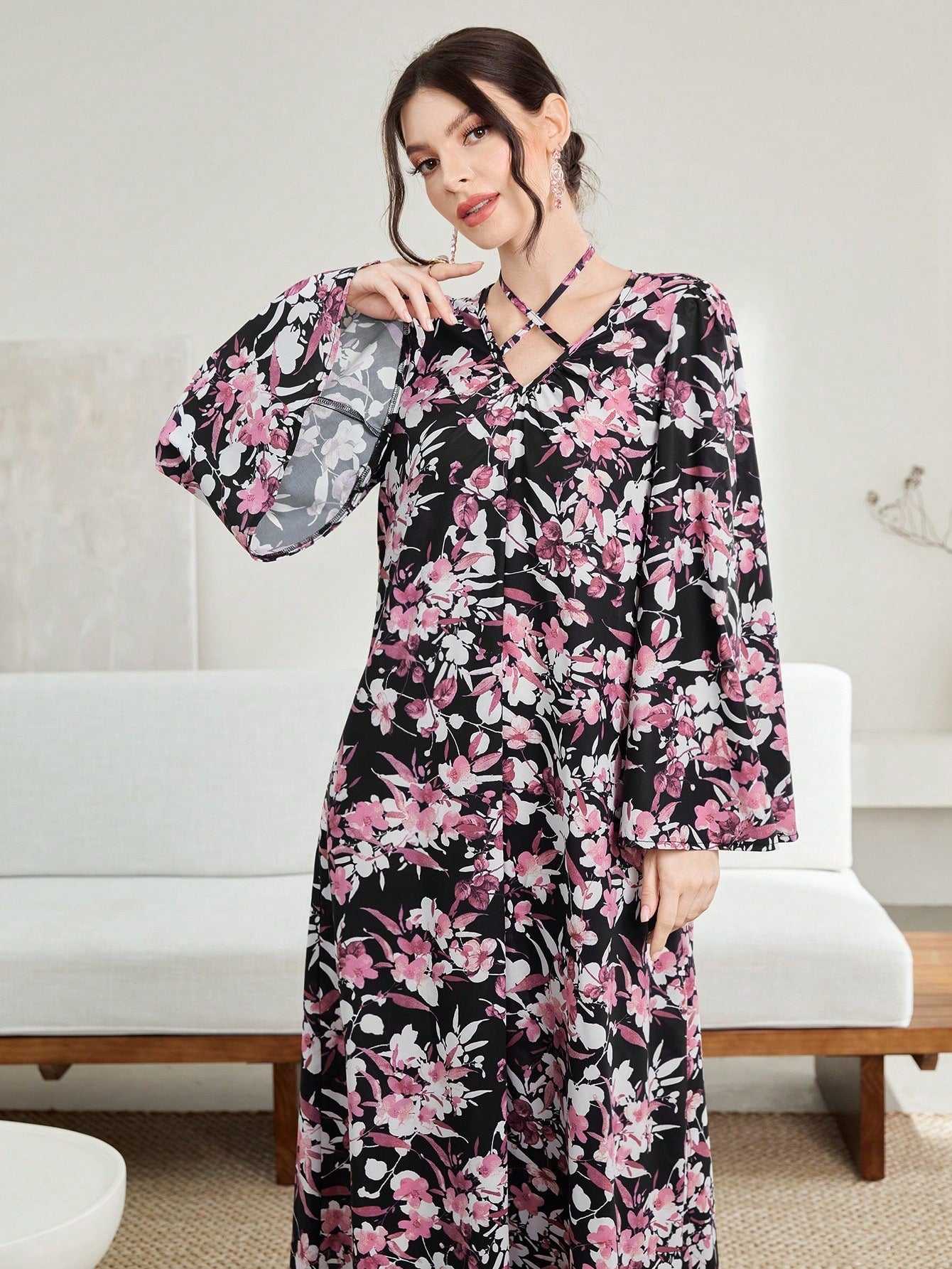 Najma Floral Print Crisscross Front Flounce Sleeve Kaftan