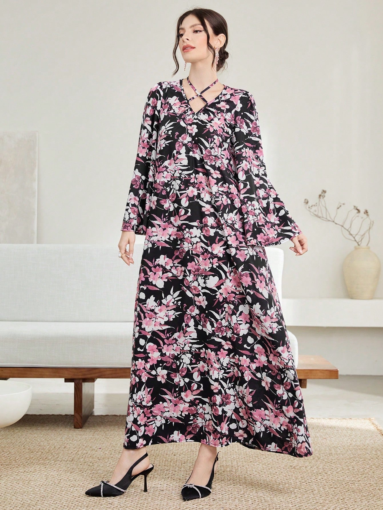 Najma Floral Print Crisscross Front Flounce Sleeve Kaftan