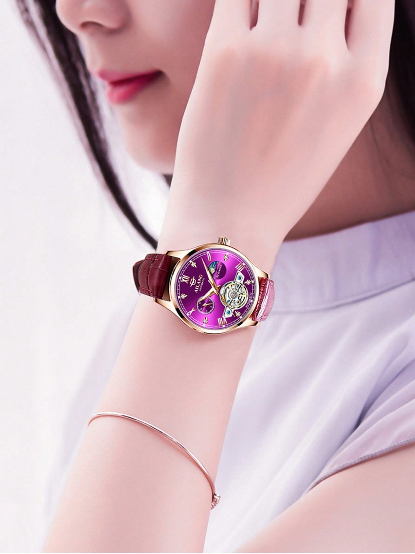 Women's Automatic Mechanical Watch Waterproof Moon Phase Flywheel Luminous Luxurious Fashion Trend Wristwatch