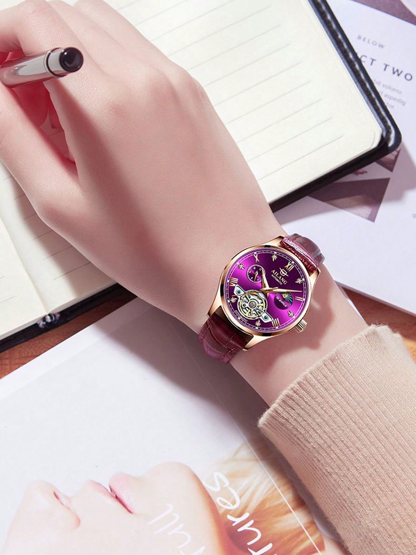 Women's Automatic Mechanical Watch Waterproof Moon Phase Flywheel Luminous Luxurious Fashion Trend Wristwatch