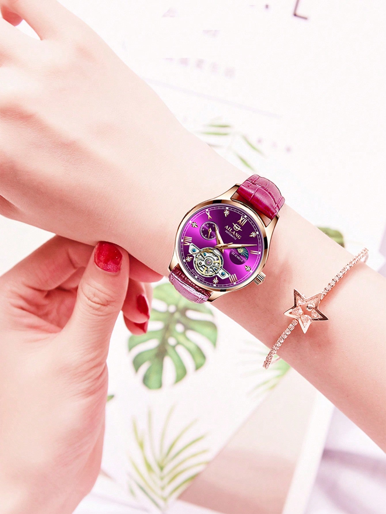 Women's Automatic Mechanical Watch Waterproof Moon Phase Flywheel Luminous Luxurious Fashion Trend Wristwatch