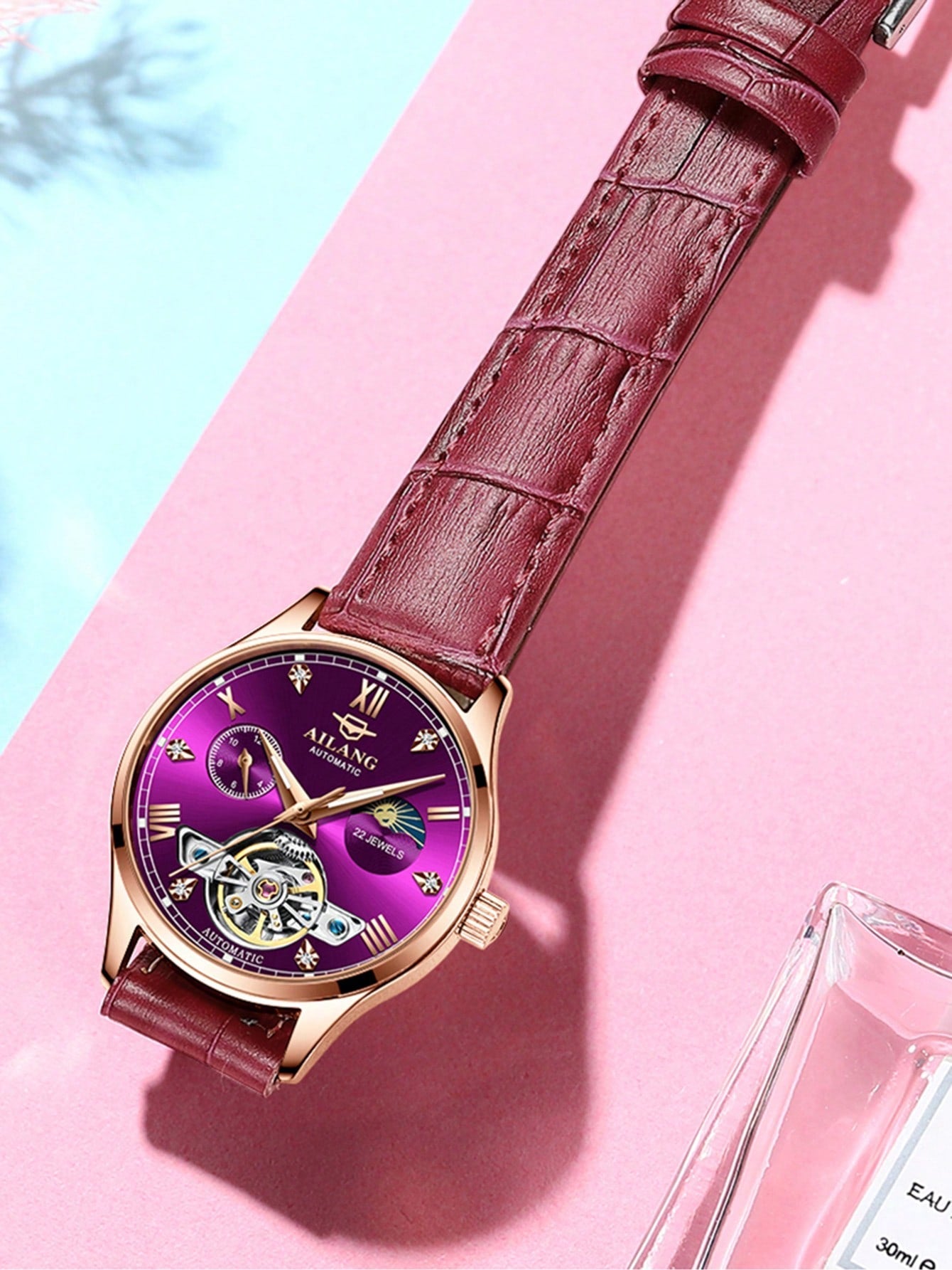 Ladies' Automatic Mechanical Watch With Water Resistance, Night Vision, Moon Phase And Flying Wheel Design