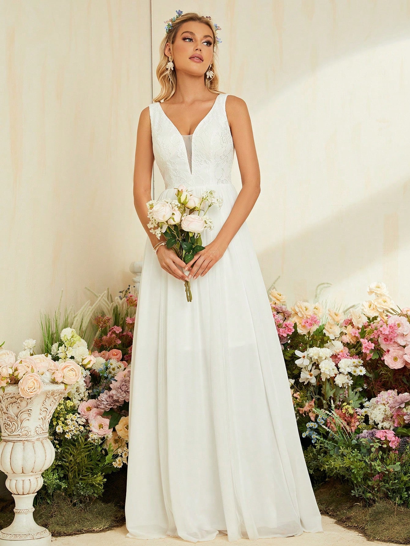 Contrast Lace Mesh Maxi Wedding Dress