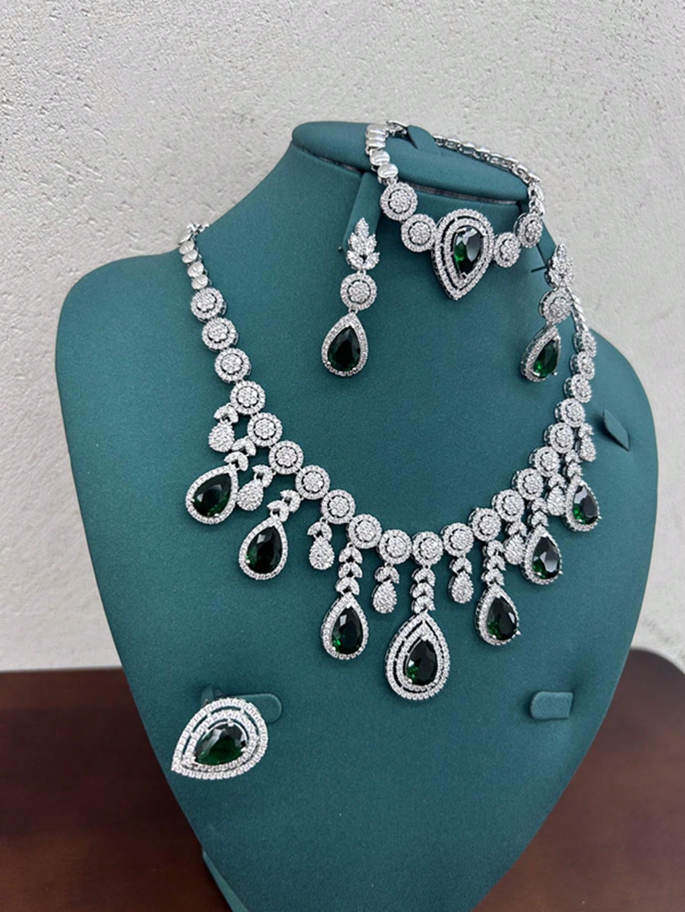 European And American Style Luxury Green Cubic Zirconia Jewelry Set, Including Earrings, Necklace, Ring, Bracelet, Perfect For Formal Occasions Such As Wedding Banquets And Bridal Wear