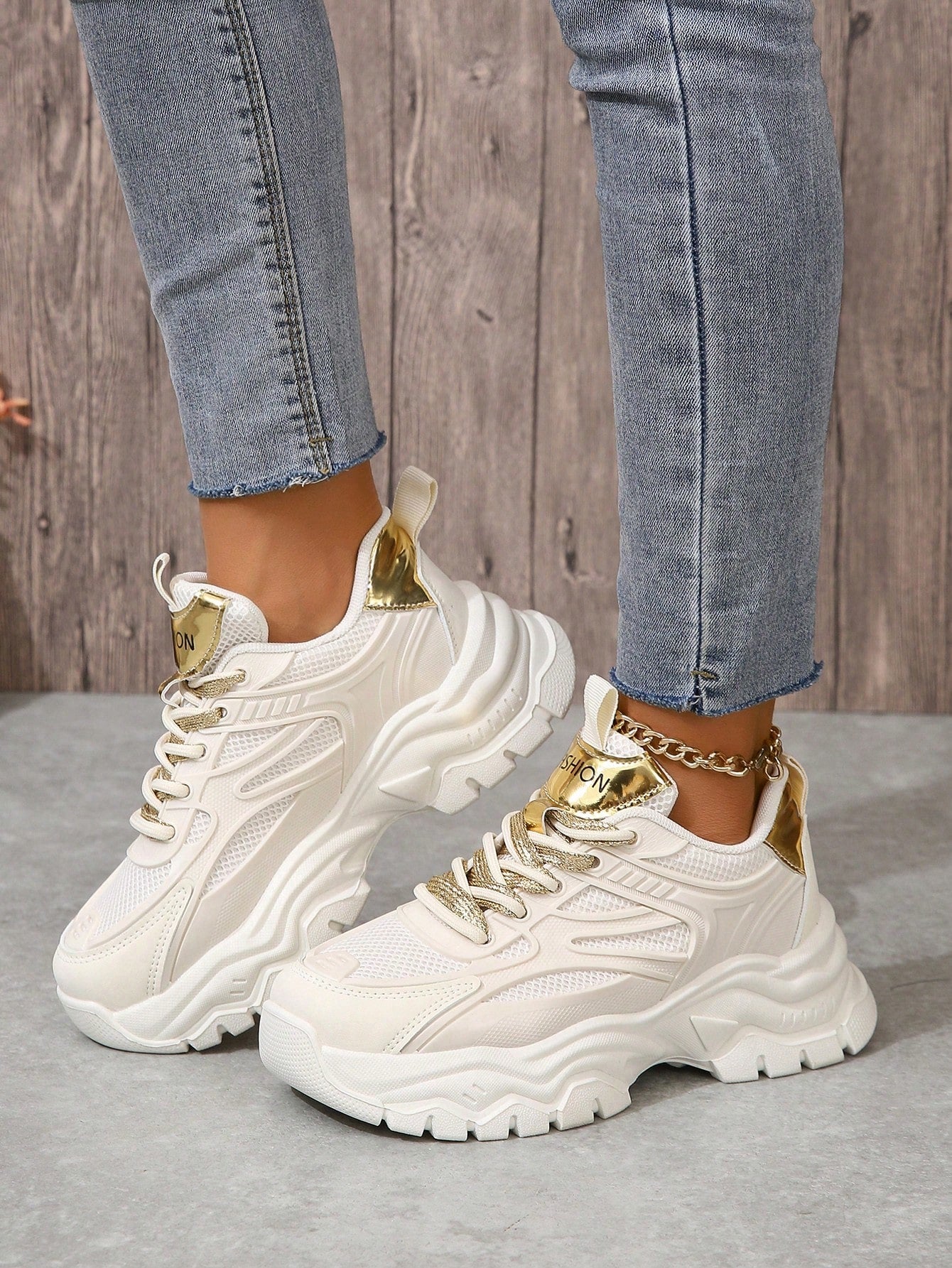 Women's Golden Dad Sneakers, Ins Street Style, Platform, Height Increasing, Fashionable, Casual, Sports Shoes