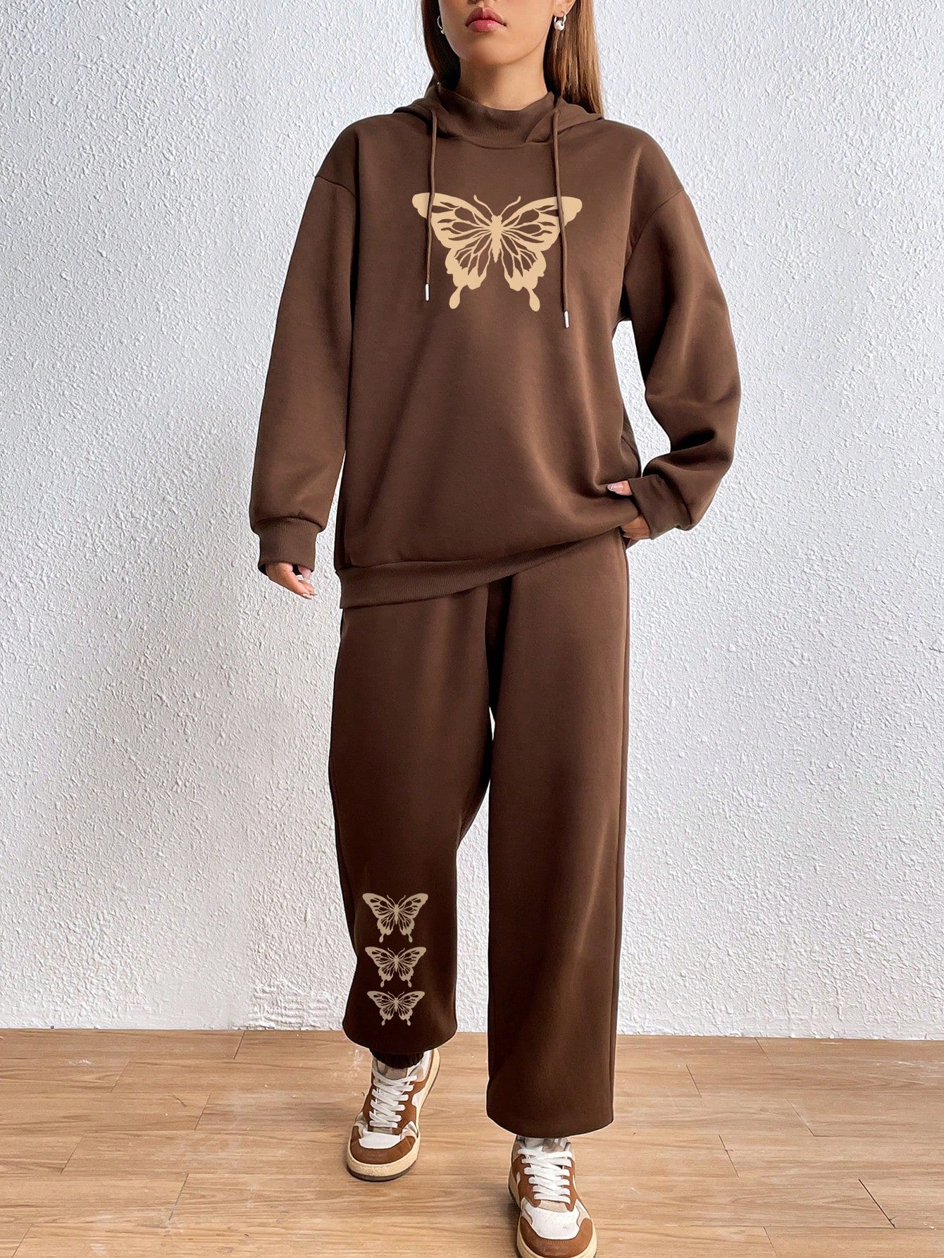 Essnce Butterfly Print Drop Shoulder Thermal Drawstring Hoodie & Sweatpants