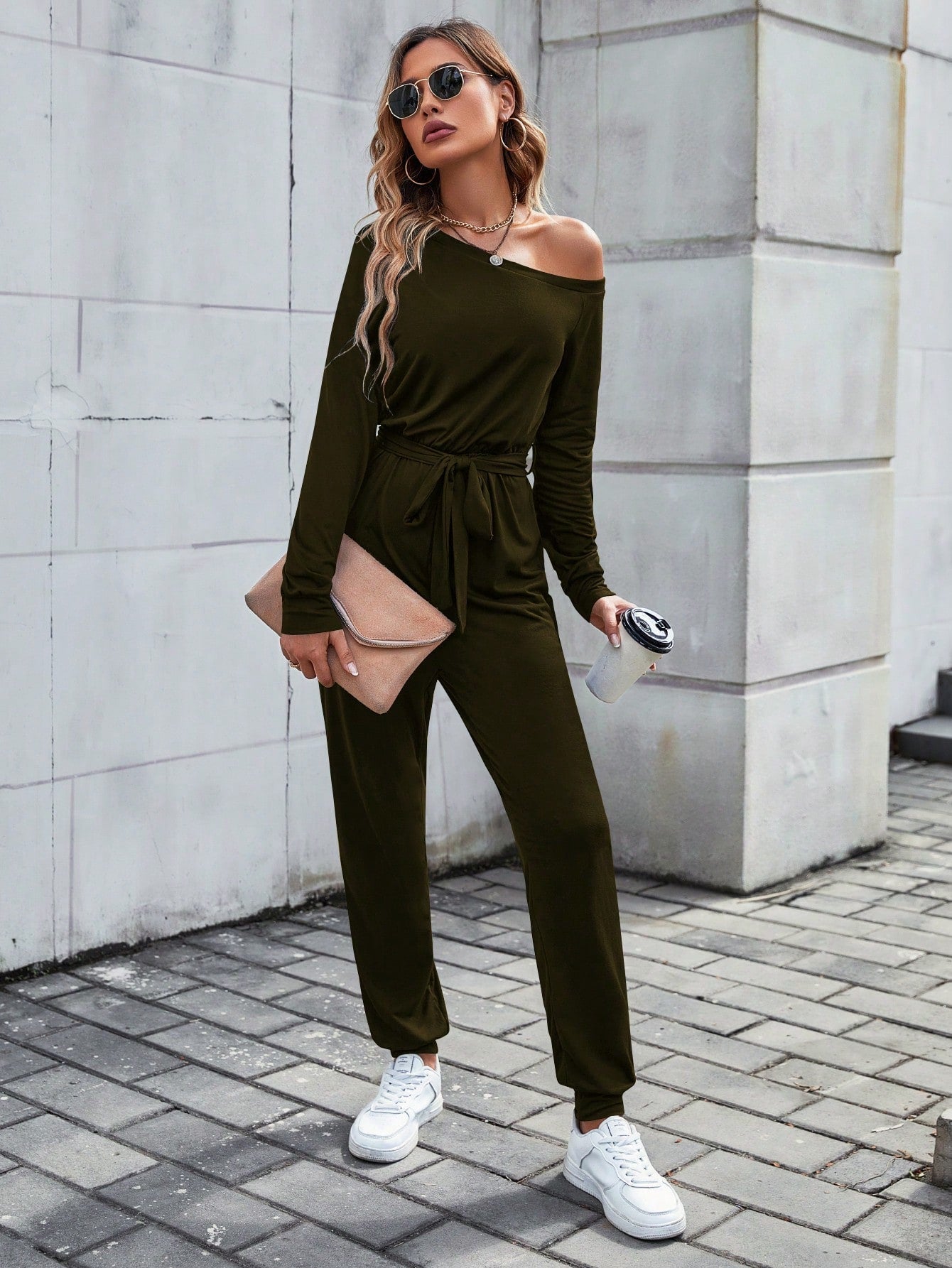 LUNE Solid Asymmetrical Neck Belted Jumpsuit