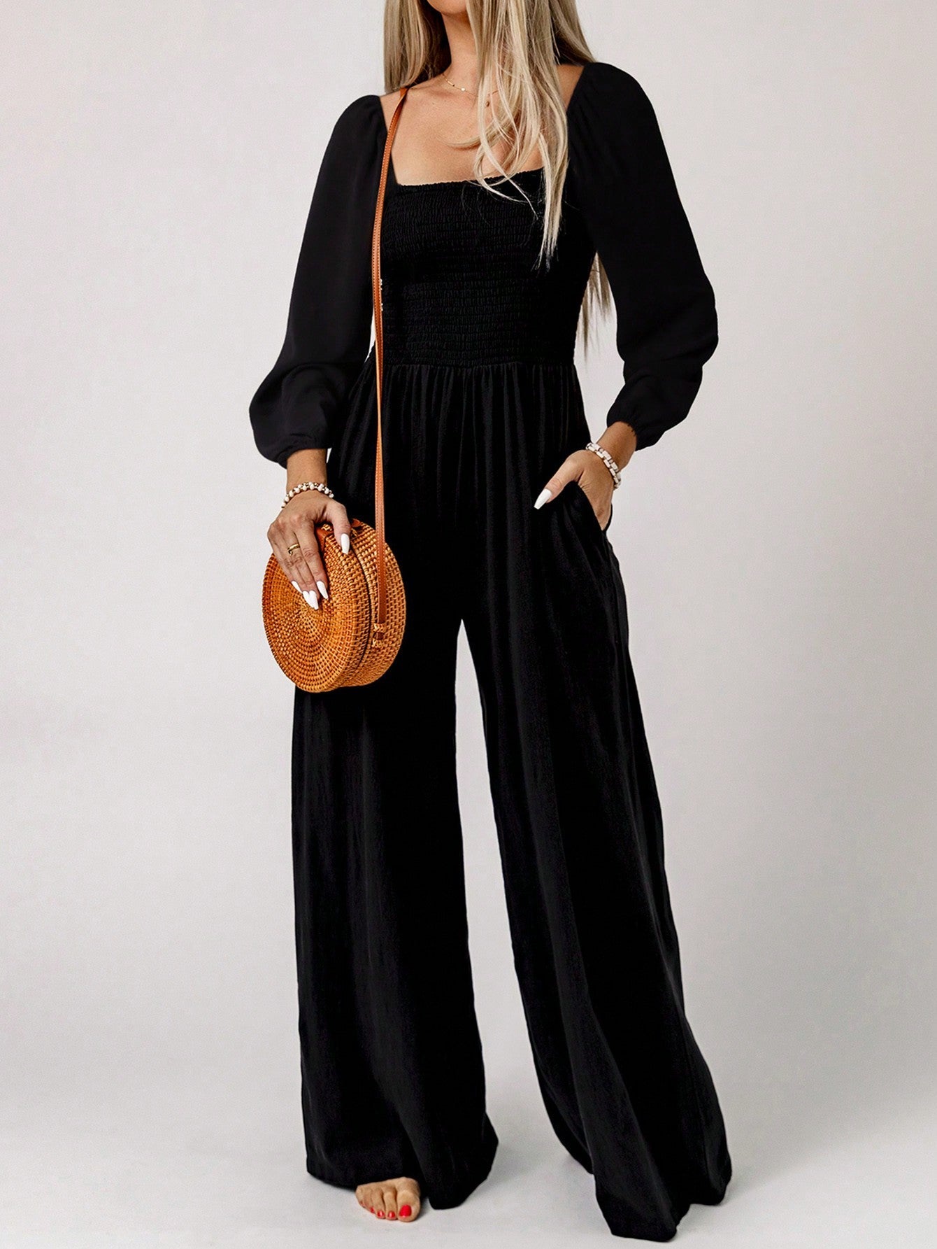 Acelitt Solid Wide Leg Jumpsuit