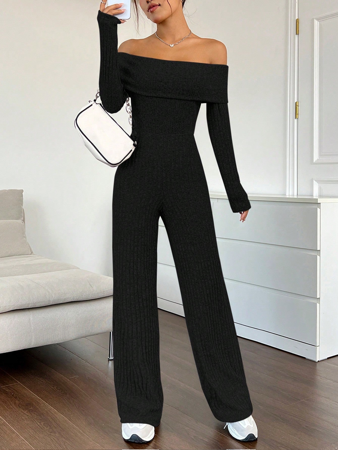 EZwear Foldover Off Shoulder Wide Leg Jumpsuit