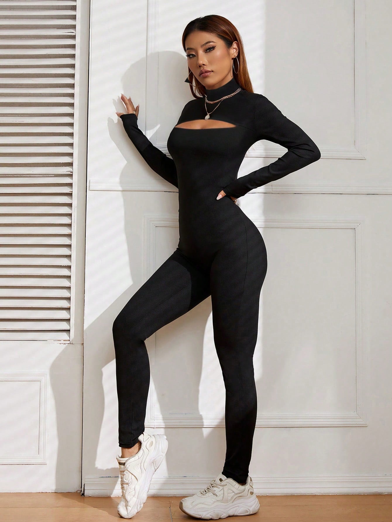 Cut Out Front Mock Neck Unitard Jumpsuit