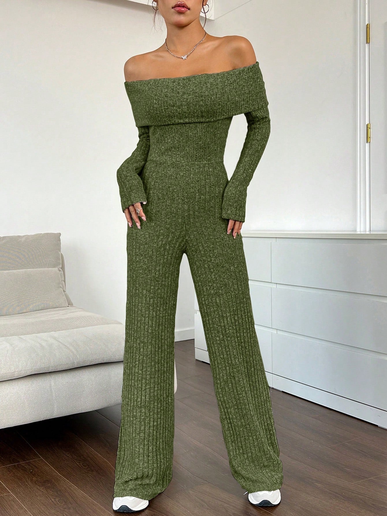 EZwear Foldover Off Shoulder Wide Leg Jumpsuit