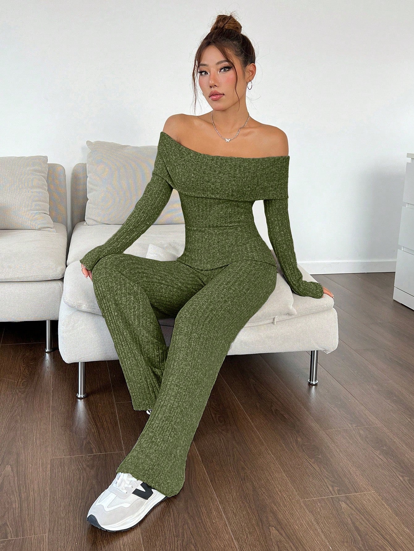 EZwear Foldover Off Shoulder Wide Leg Jumpsuit