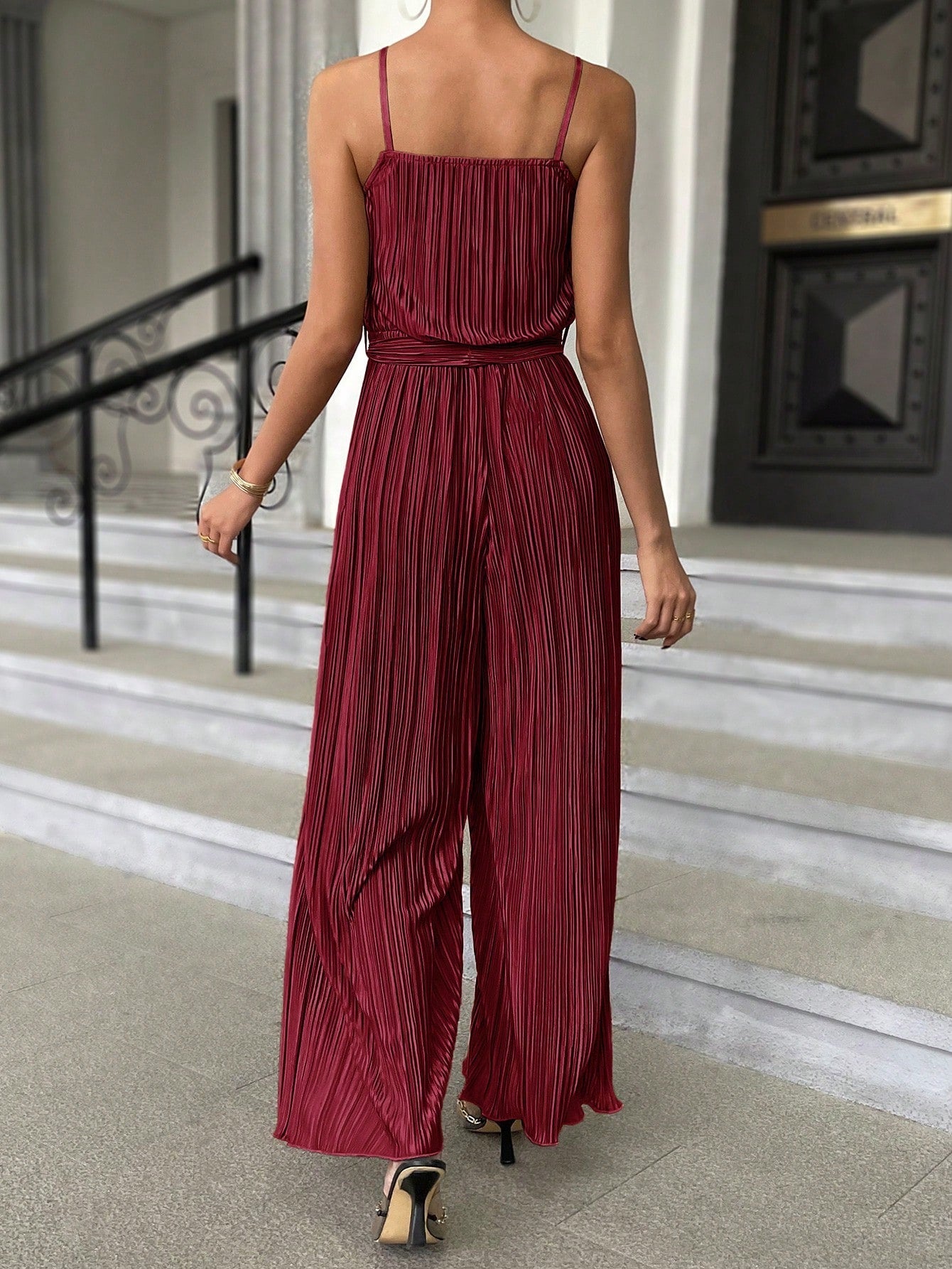 Essnce Plisse Belted Wide Leg Cami Jumpsuit