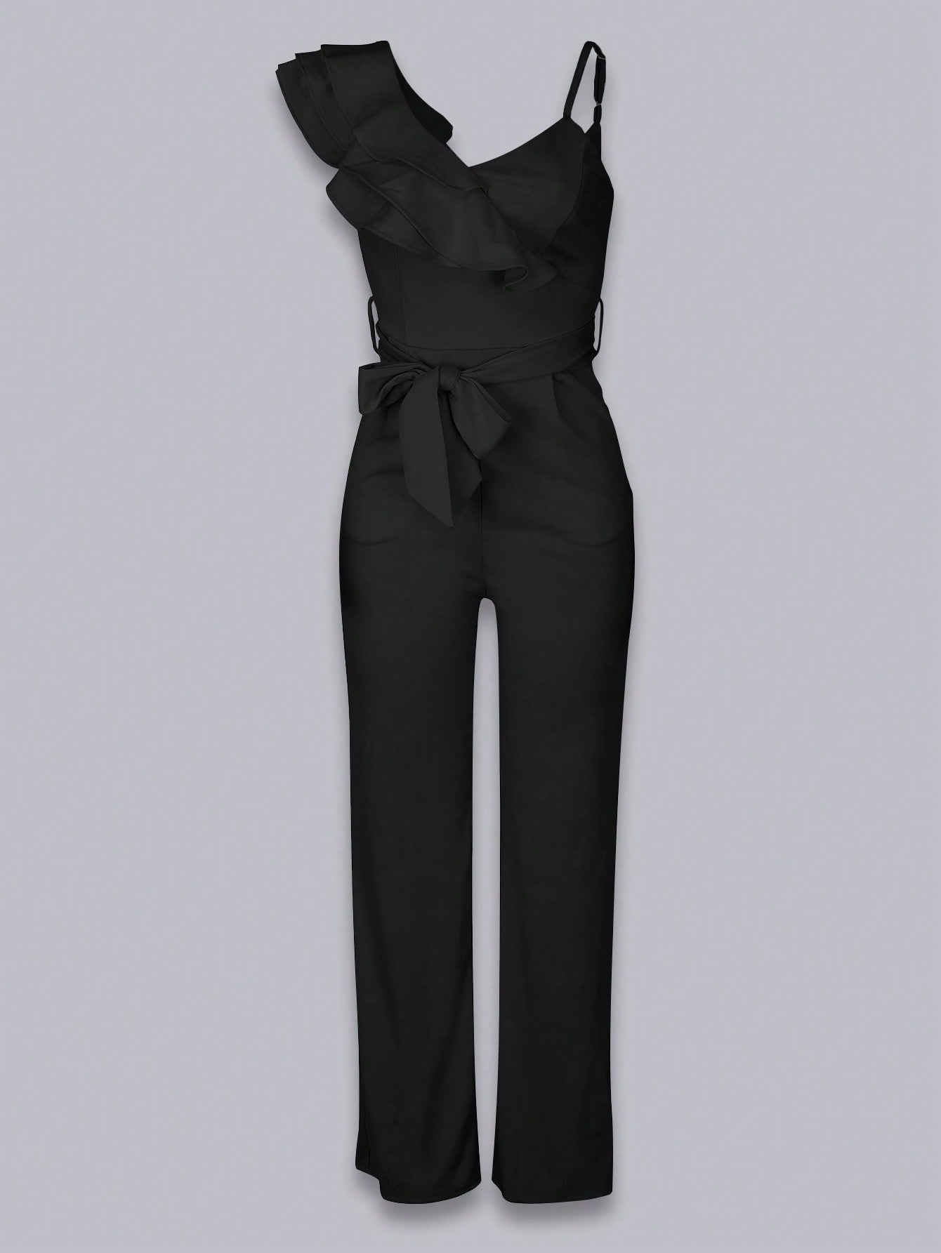 Asymmetrical Neck Ruffle Trim Belted Jumpsuit