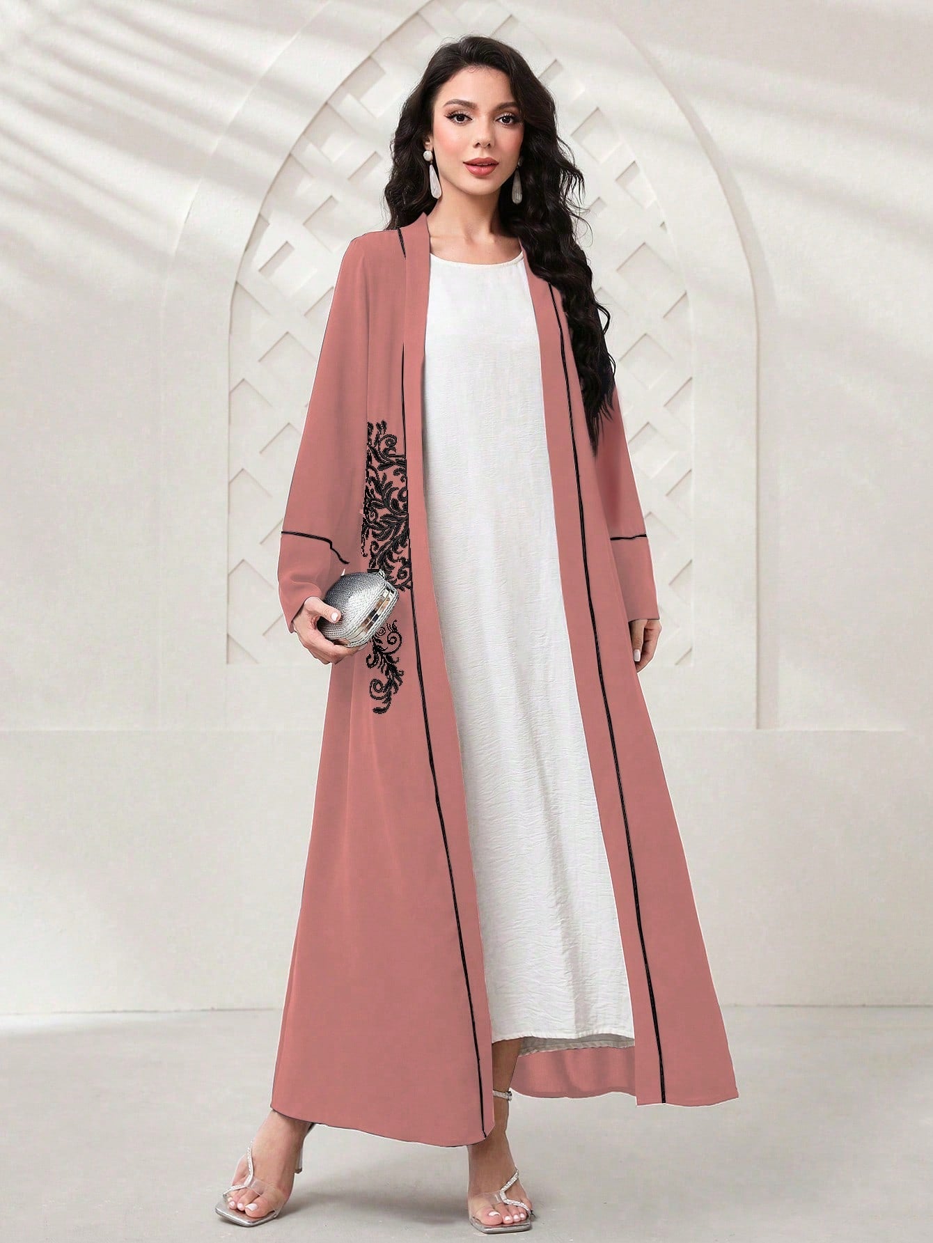 Najma Leaf Print Contrast Piping Abaya