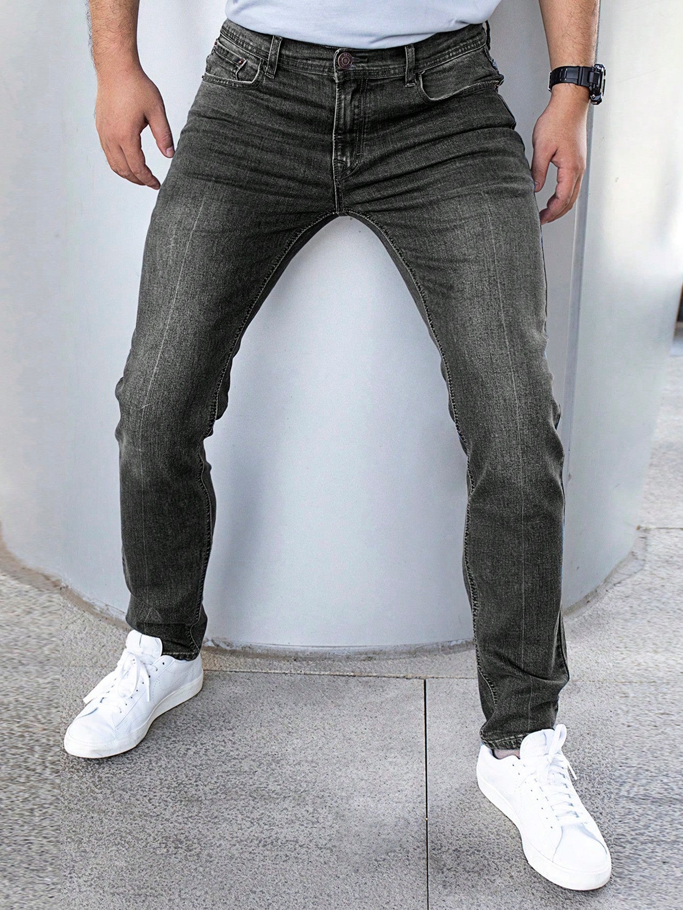 Men Slant Pocket Bleach Wash Jeans