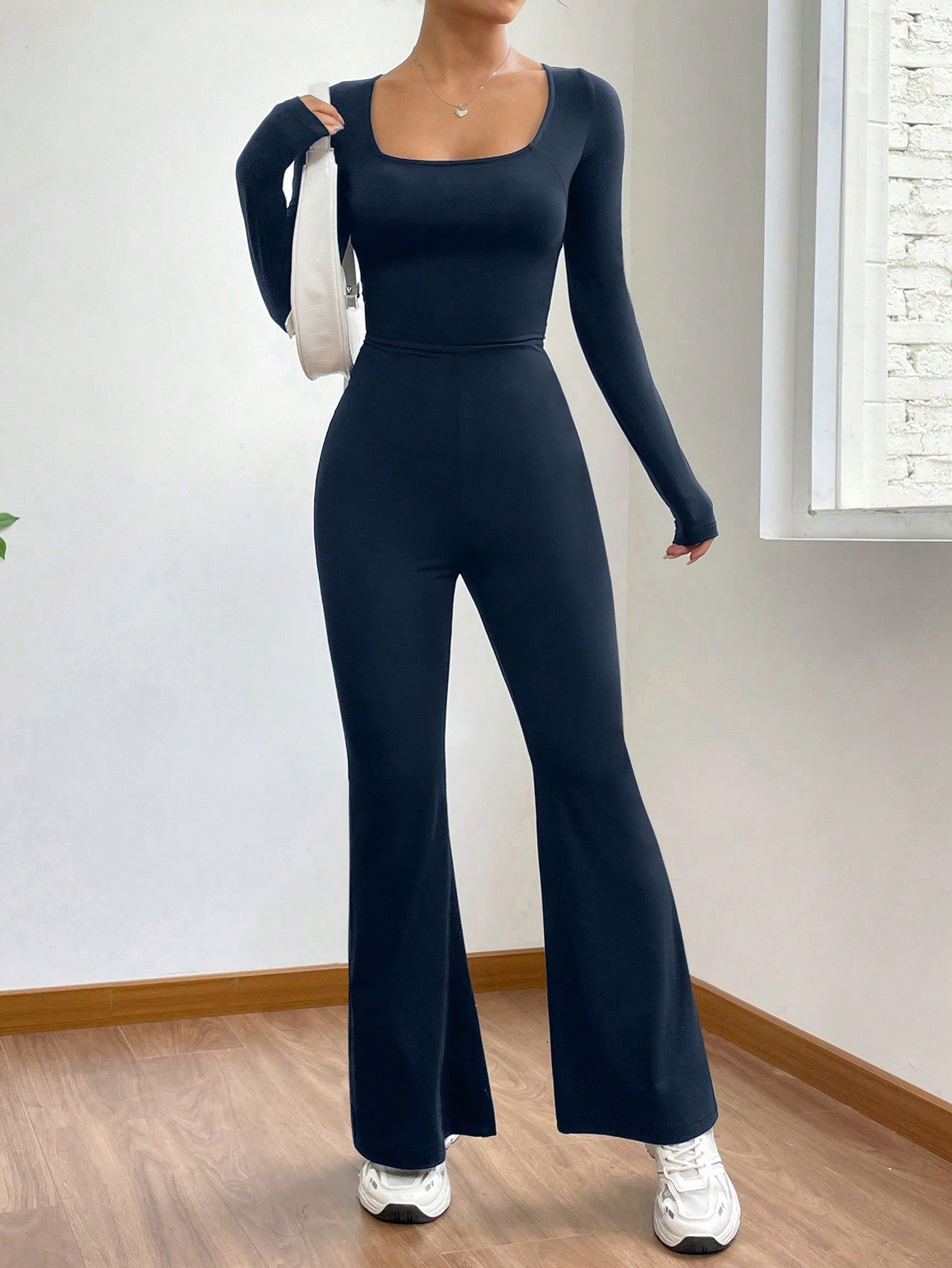 EZwear Square Neck Flare Leg Jumpsuit