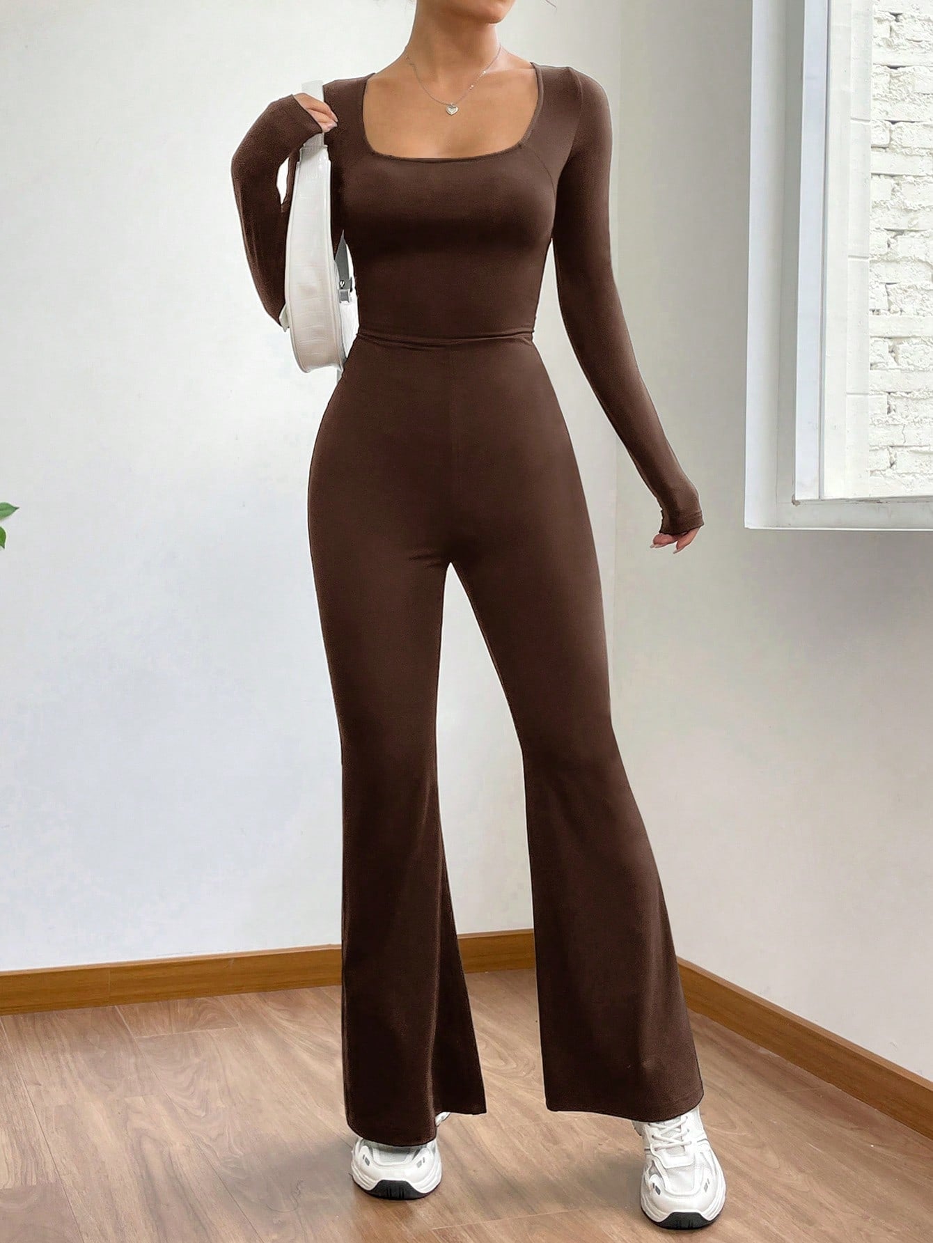 EZwear Square Neck Flare Leg Jumpsuit