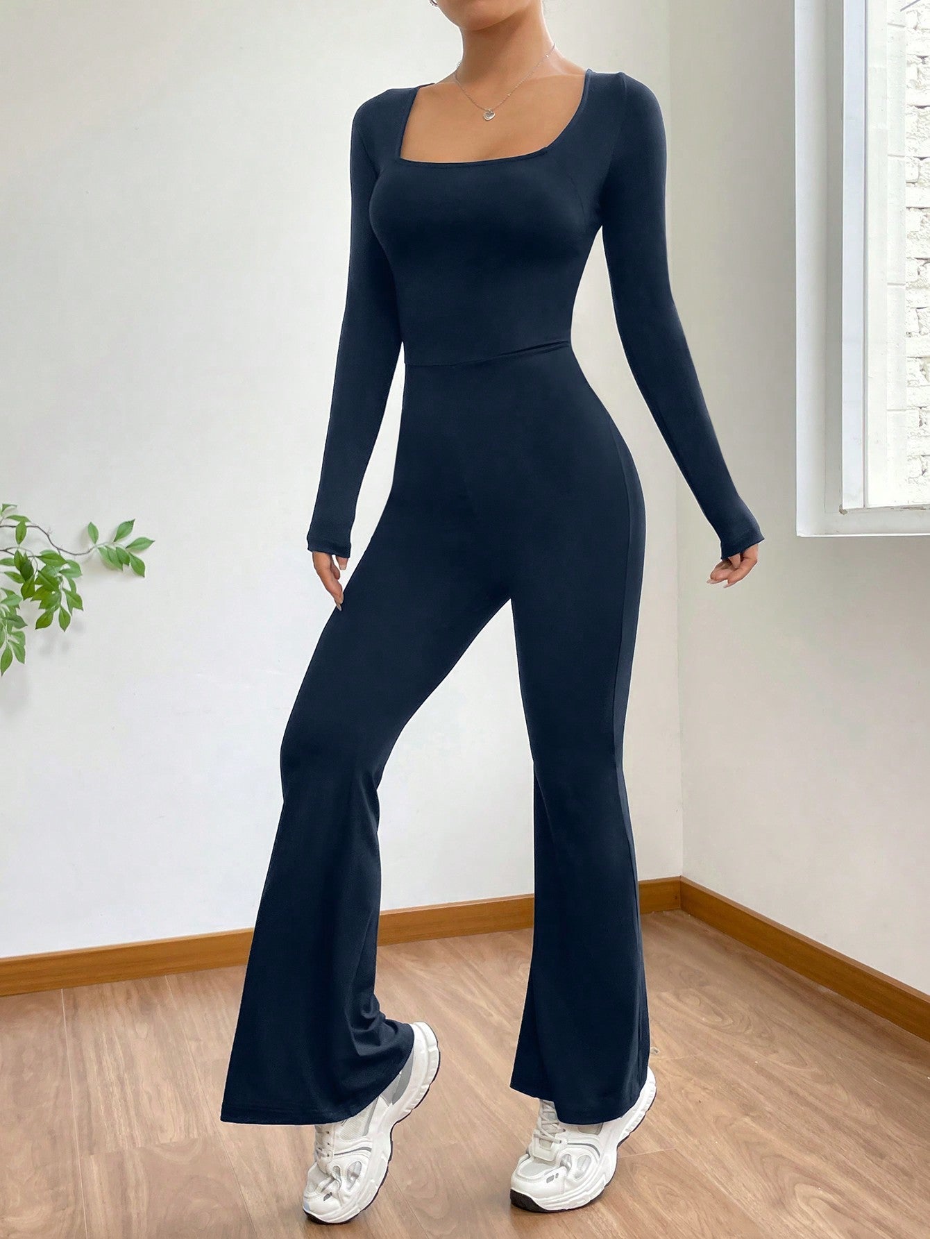 EZwear Square Neck Flare Leg Jumpsuit