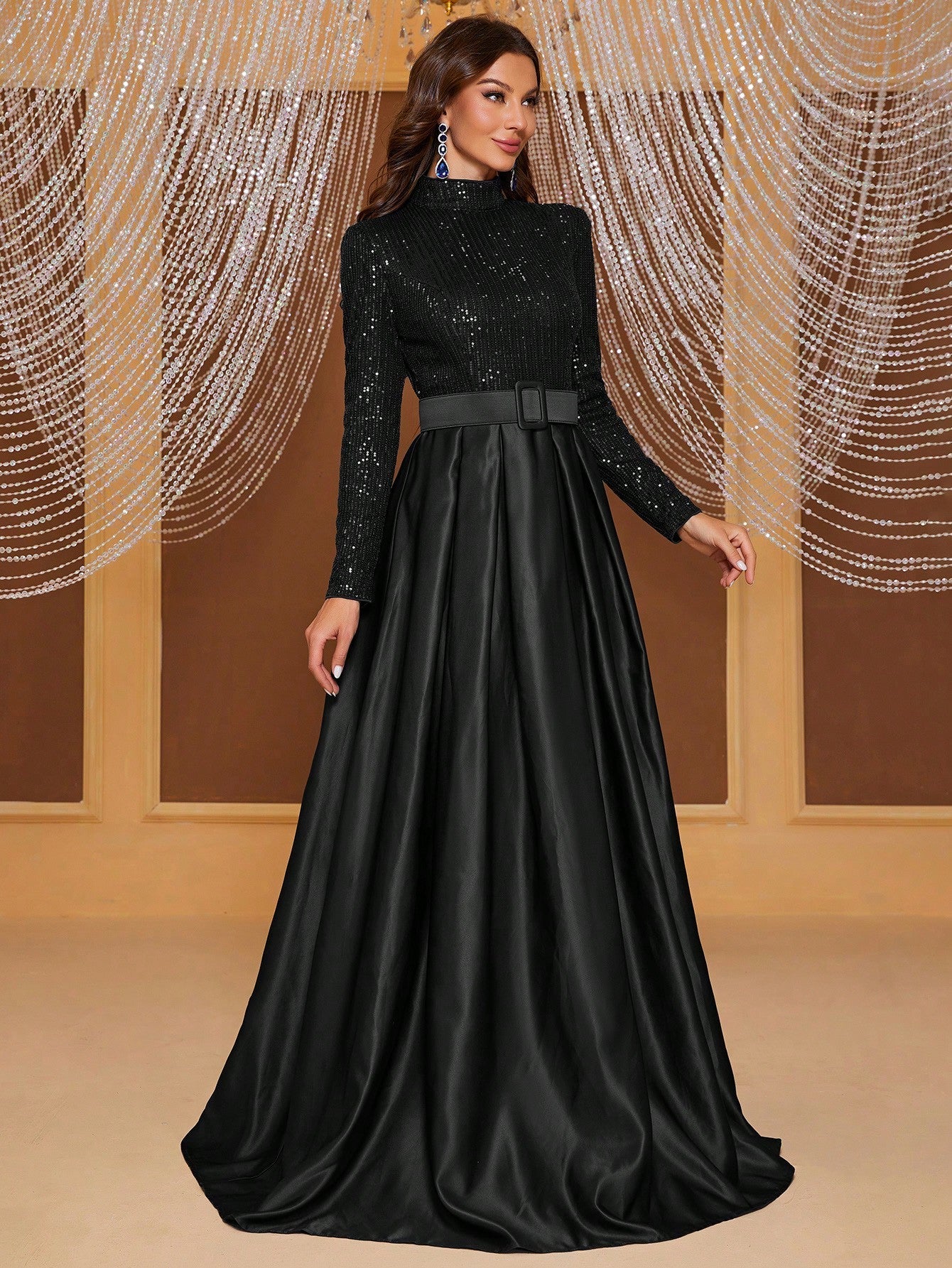 Giffniseti Long Sleeve High Neck Sequin Panel & Pleated Evening Dress (With Belt)