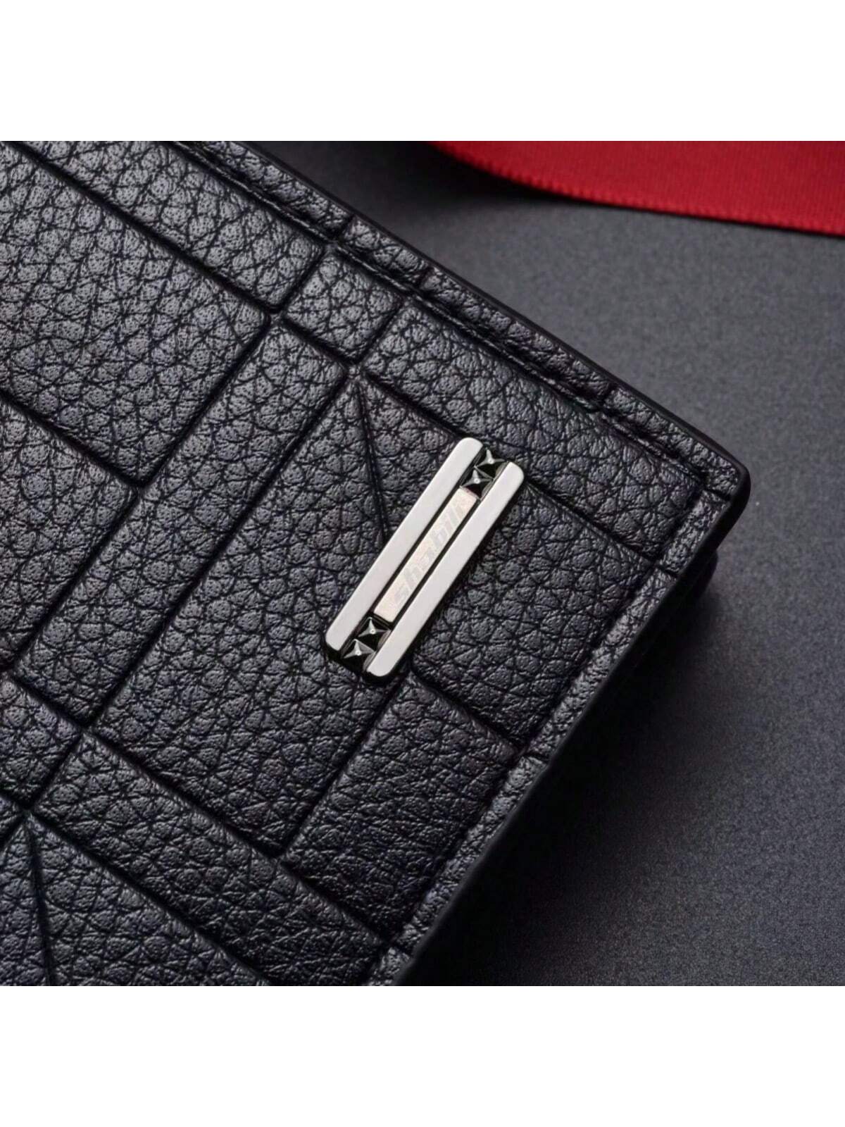 1pc Men's Black Thin Grid Patterned Alloy Logo Minimalist Retro Personality Multifunctional Card Holder For Daily Use