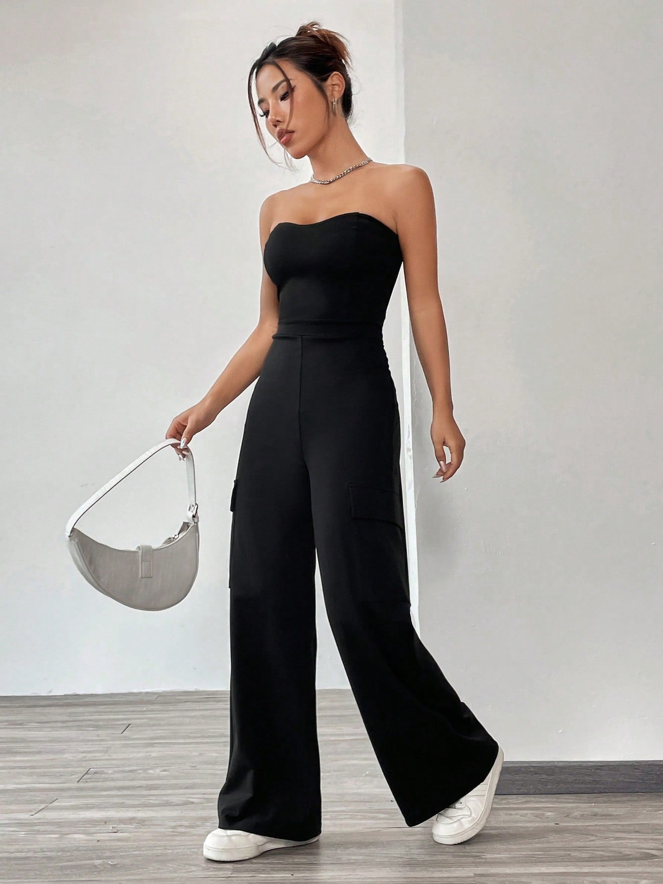 Solid Flap Pocket Side Tube Jumpsuit