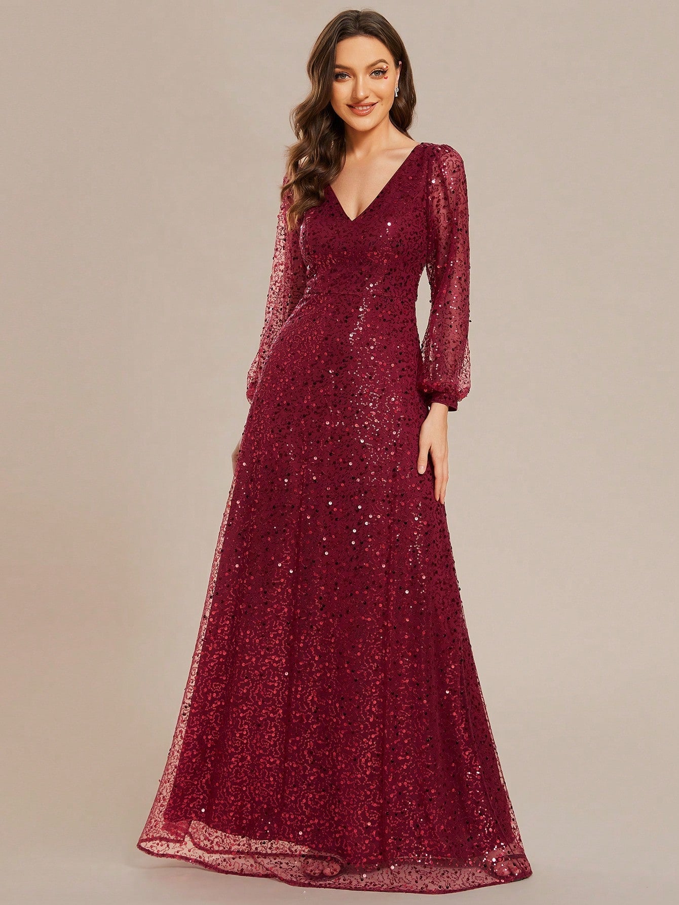 EVER-PRETTY Elegant Lantern Sleeve Deep V-neck Sparkly Evening Party Dress