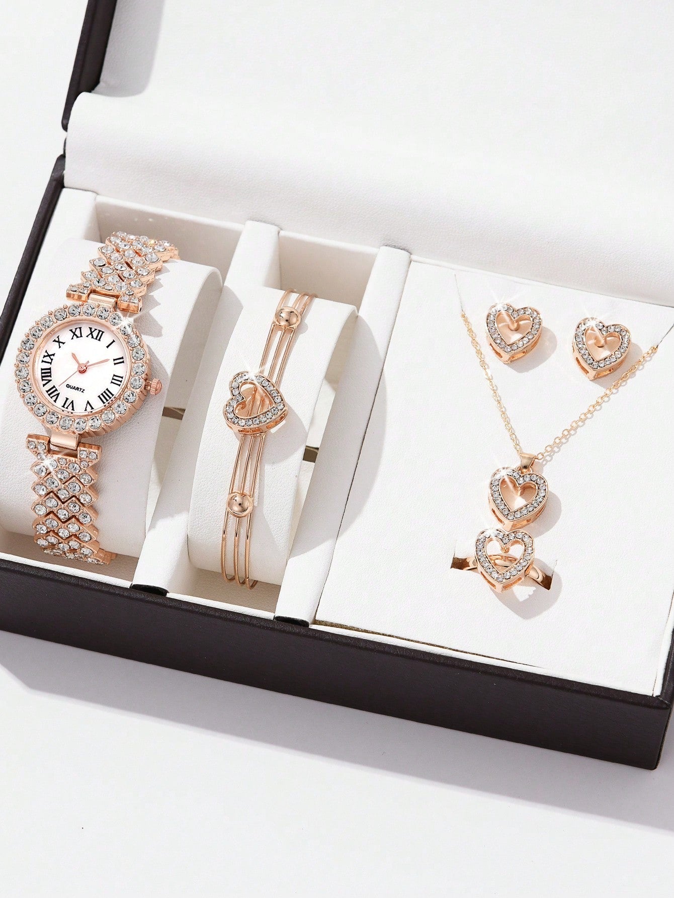 6pcs/Set Diamond Decor Women's Quartz Watch, Bracelet, Necklace, Earrings And Ring