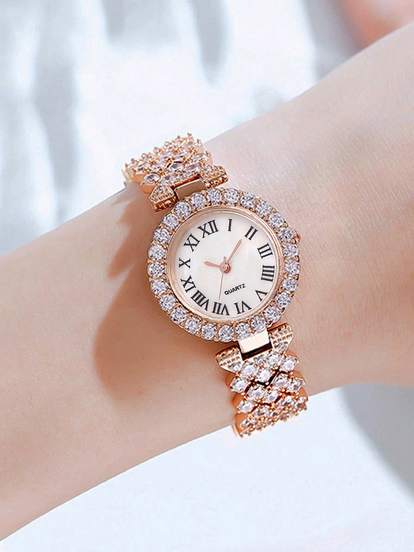 6pcs/Set Diamond Decor Women's Quartz Watch, Bracelet, Necklace, Earrings And Ring