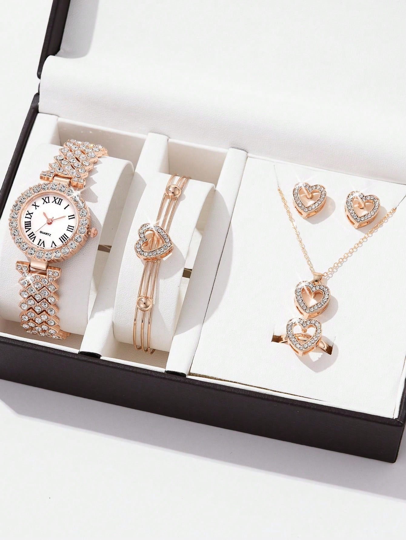 6pcs/Set Diamond Decor Women's Quartz Watch, Bracelet, Necklace, Earrings And Ring