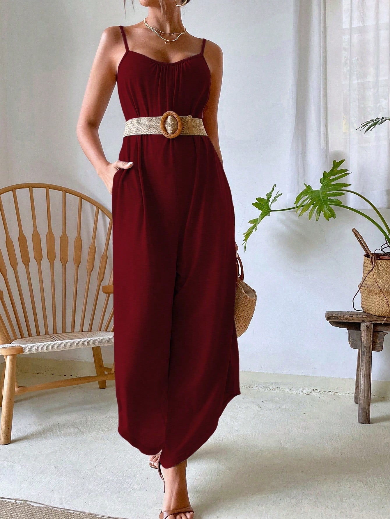 VCAY Solid Wide Leg Cami Jumpsuit