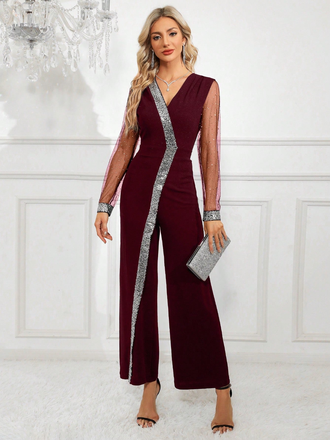 Clasi Mesh Inset Contrast Sequin Wide Leg Jumpsuit