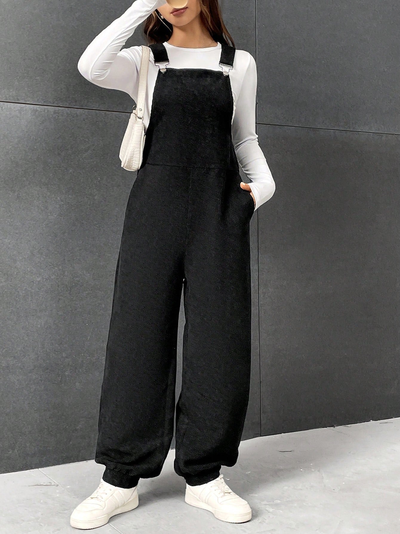 Solid Slant Pocket Overall Jumpsuit Without Tee