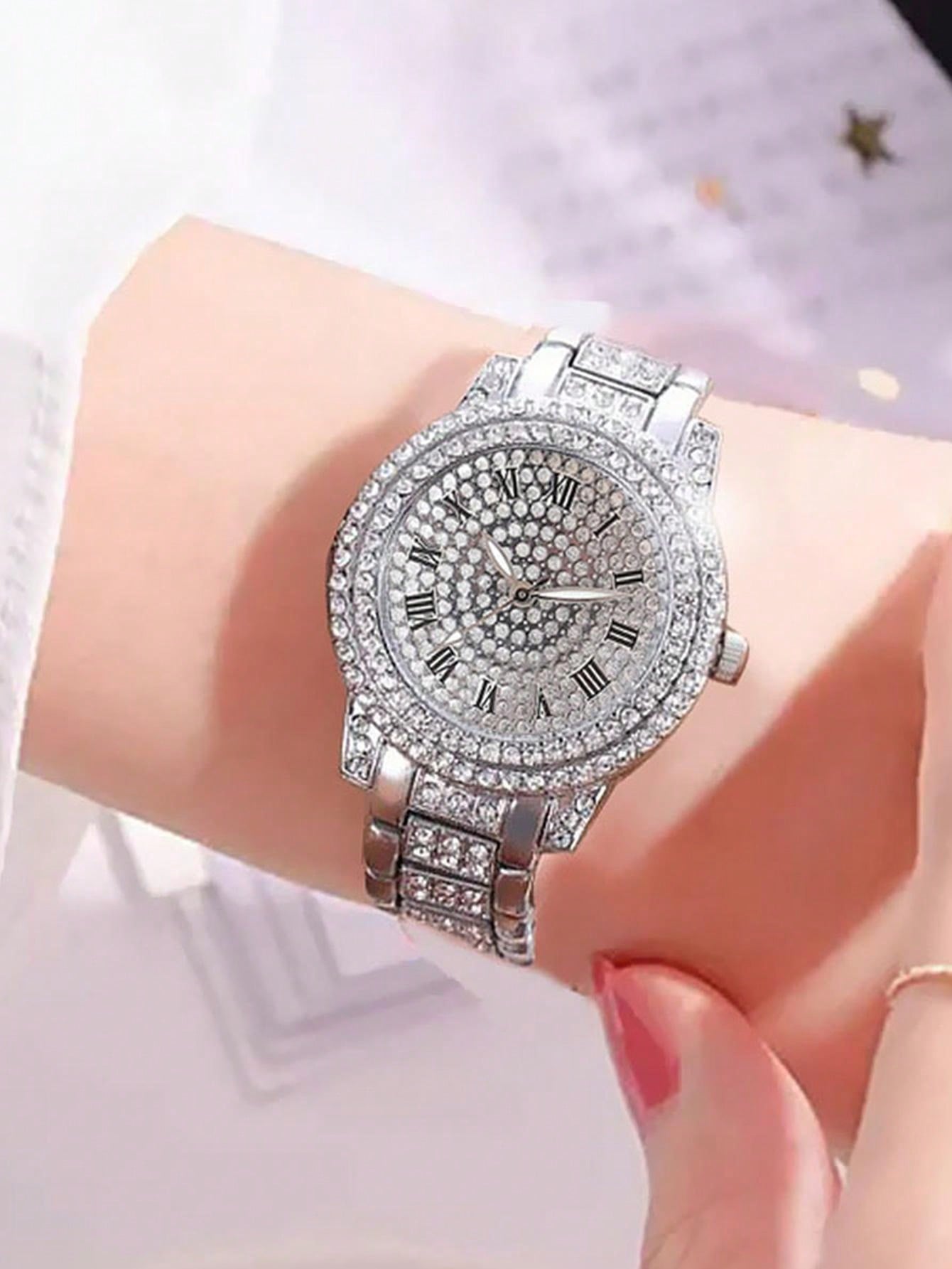 6pcs/set Fashionable Full Diamond Women's Steel Belt Quartz Watch + Rhinestone Bracelet + Necklace + Earrings + Ring Combo, Ladies' Gift Set