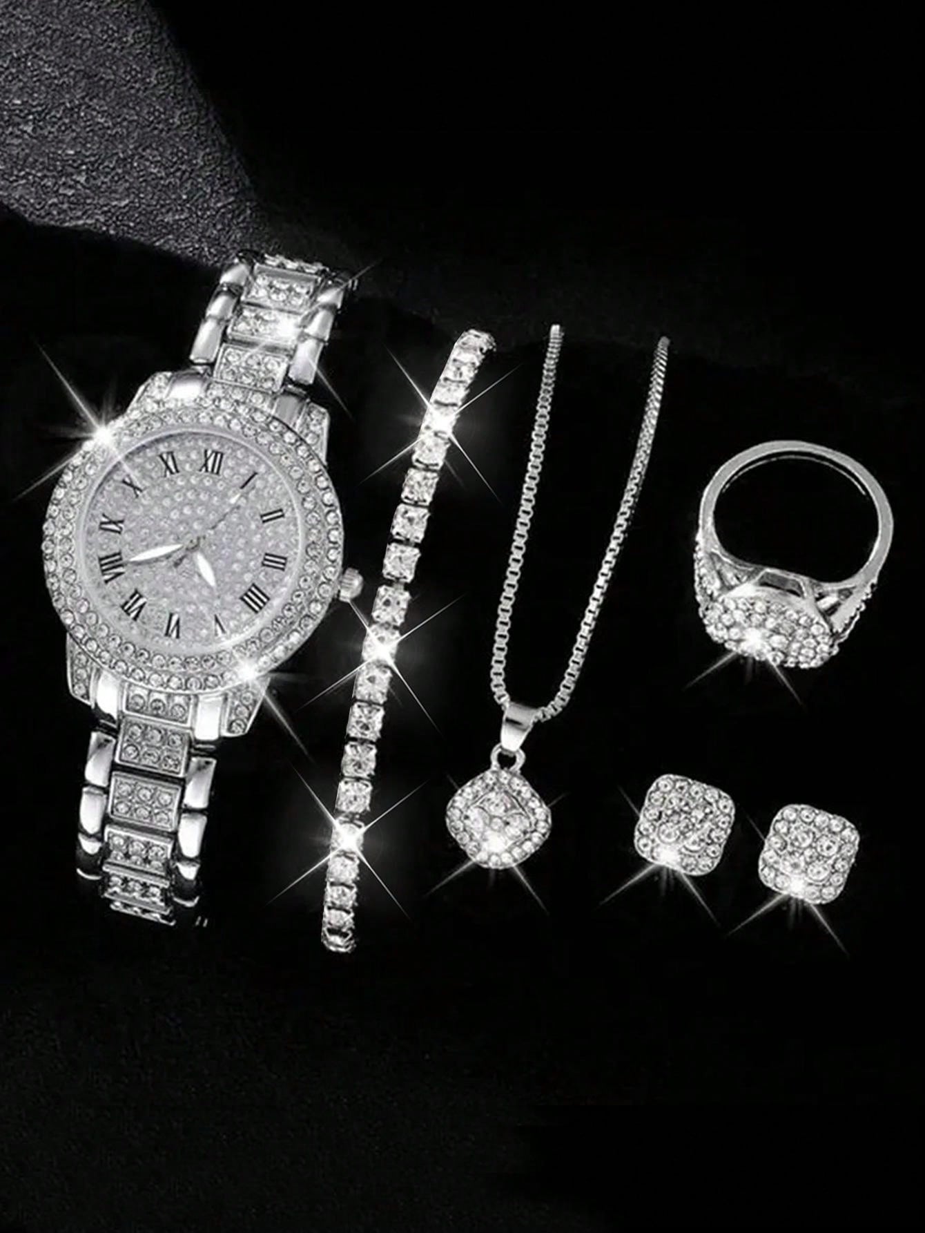 6pcs/set Fashionable Full Diamond Women's Steel Belt Quartz Watch + Rhinestone Bracelet + Necklace + Earrings + Ring Combo, Ladies' Gift Set