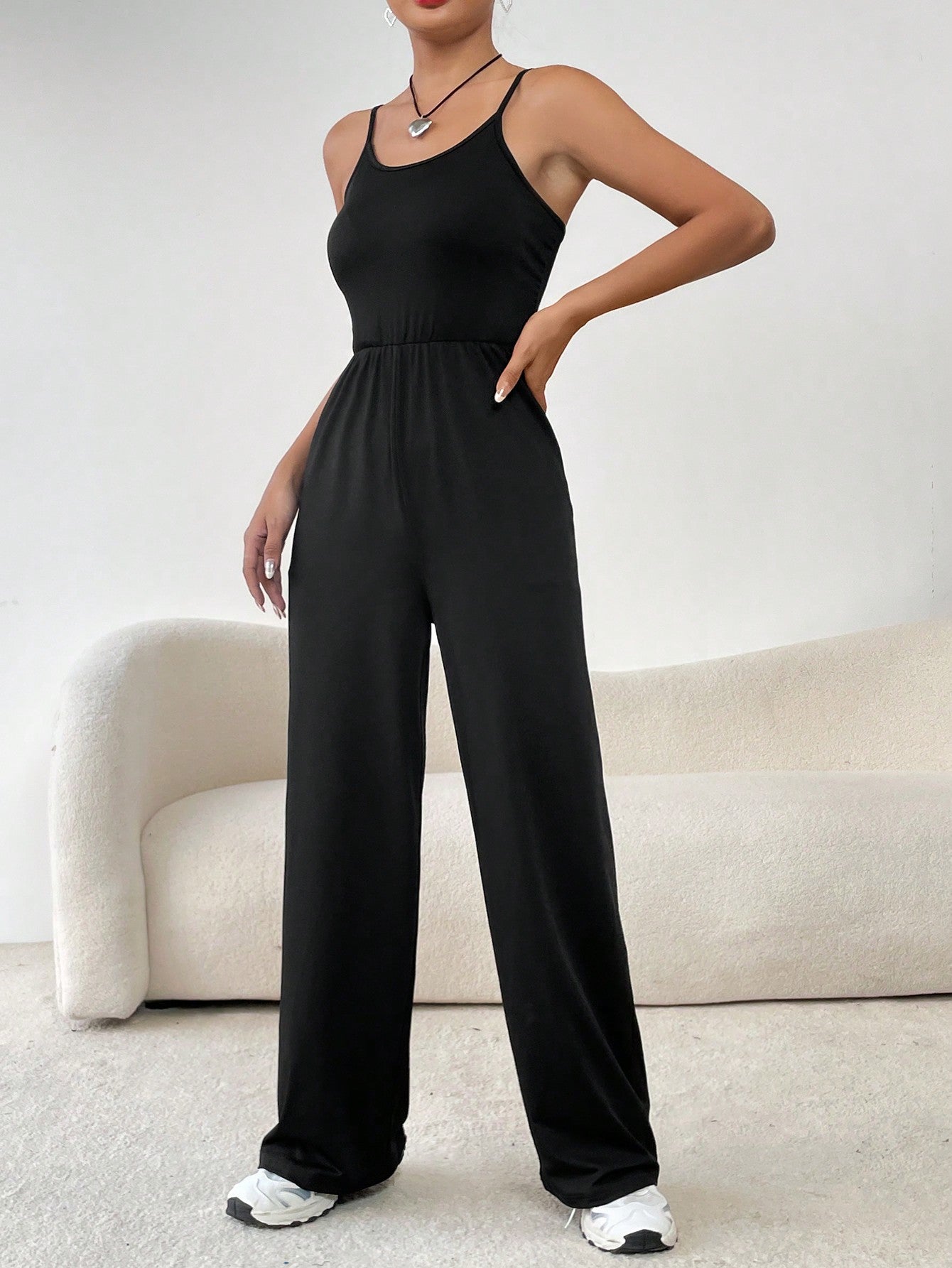 EZwear Ladies' Solid Color Casual Jumpsuit With Spaghetti Straps