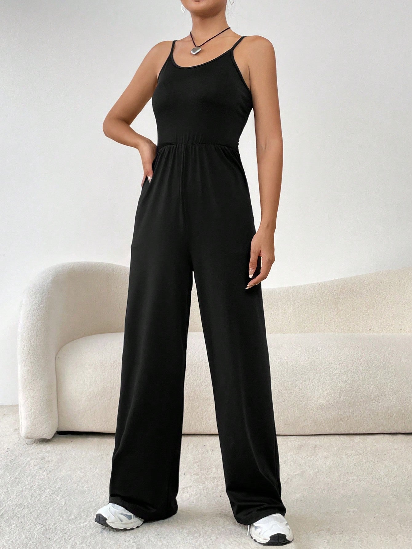 EZwear Ladies' Solid Color Casual Jumpsuit With Spaghetti Straps