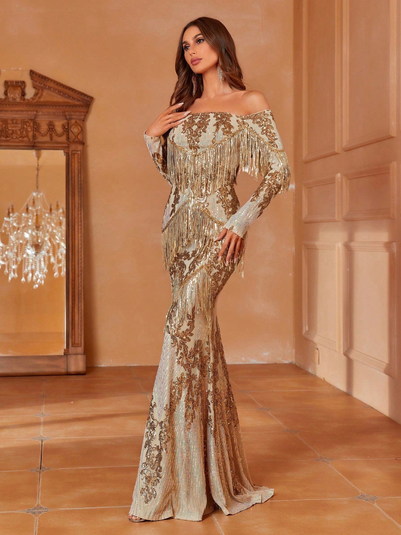 Fringed Decor Off Shoulder Sequin Mermaid Formal Dress