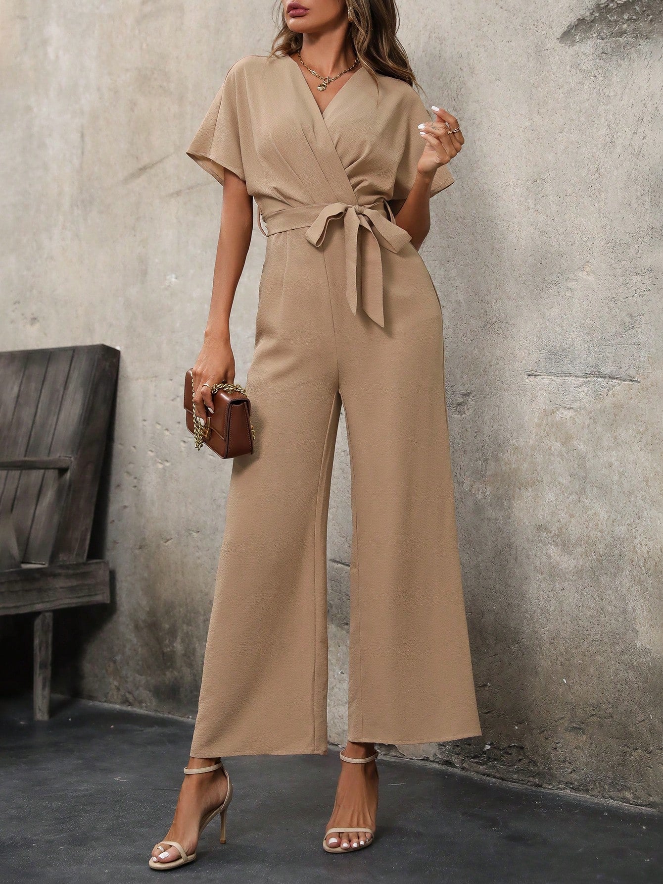 LUNE Solid Belted Wide Leg Wrap Detail Jumpsuit