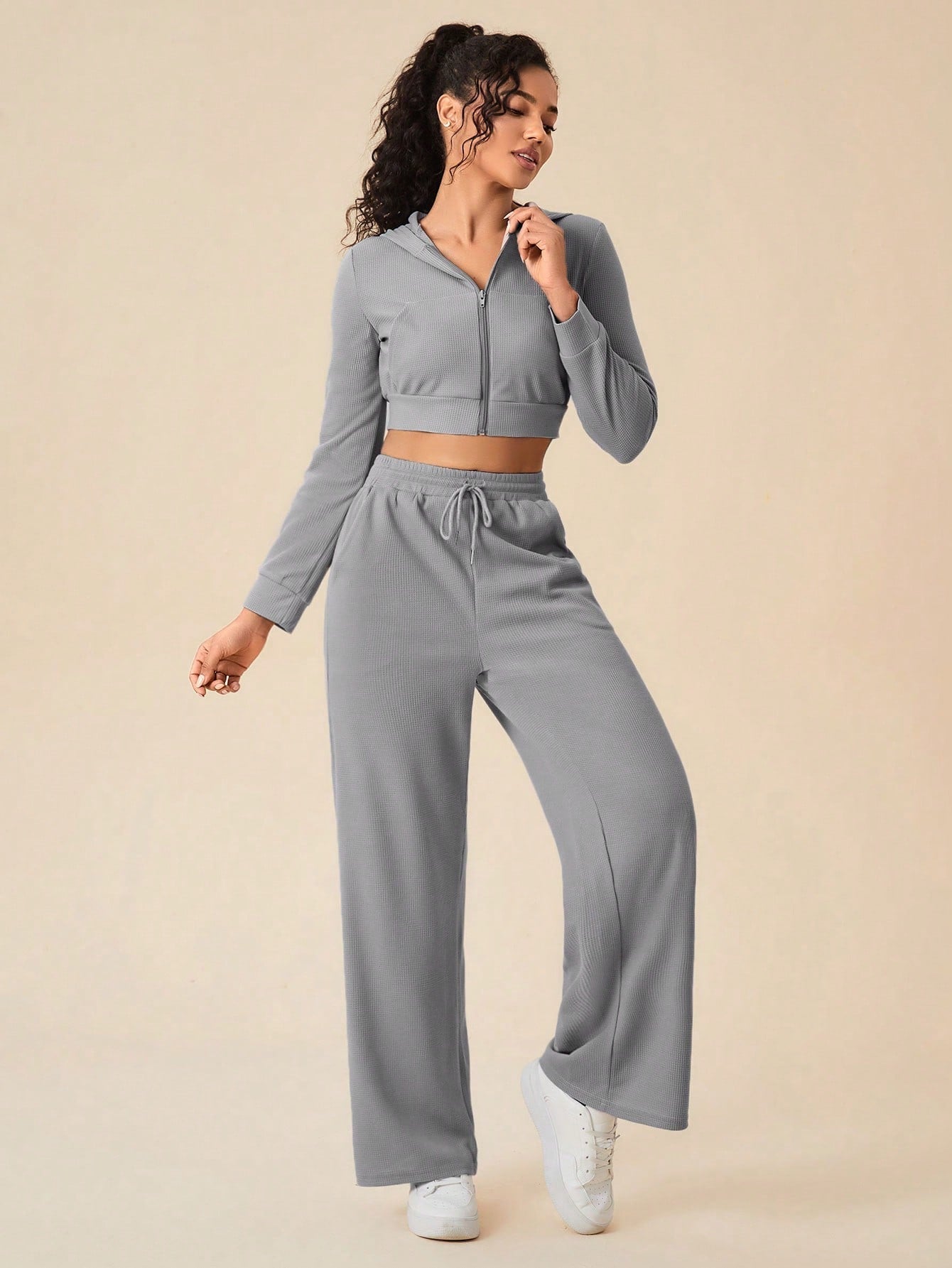 Daily&Casual Solid Hooded Crop Sports Jacket & Drawstring Waist Sweatpants