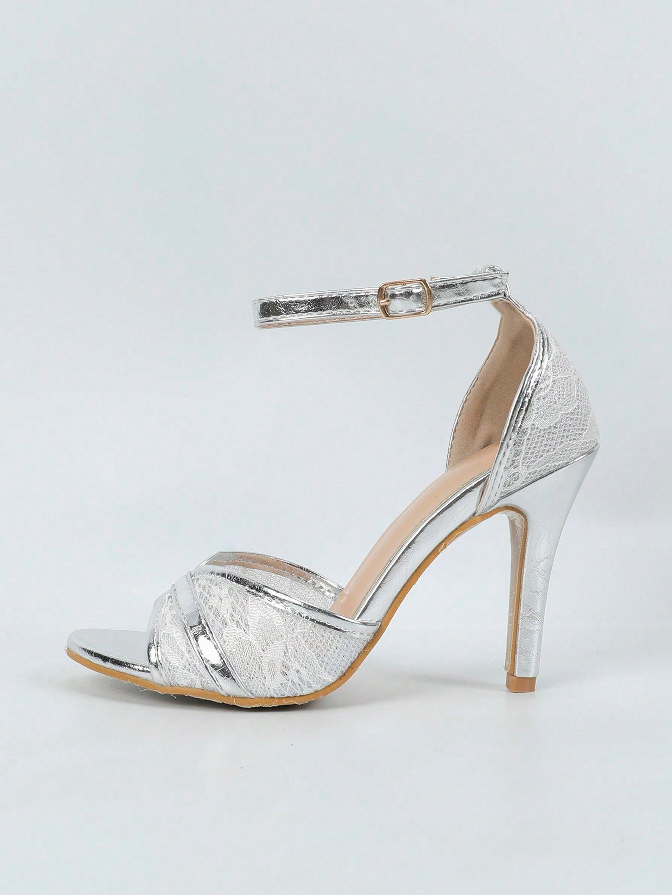 Women Mesh Panel Stiletto Heeled Ankle Strap Sandals, Elegant Summer Heeled Sandals